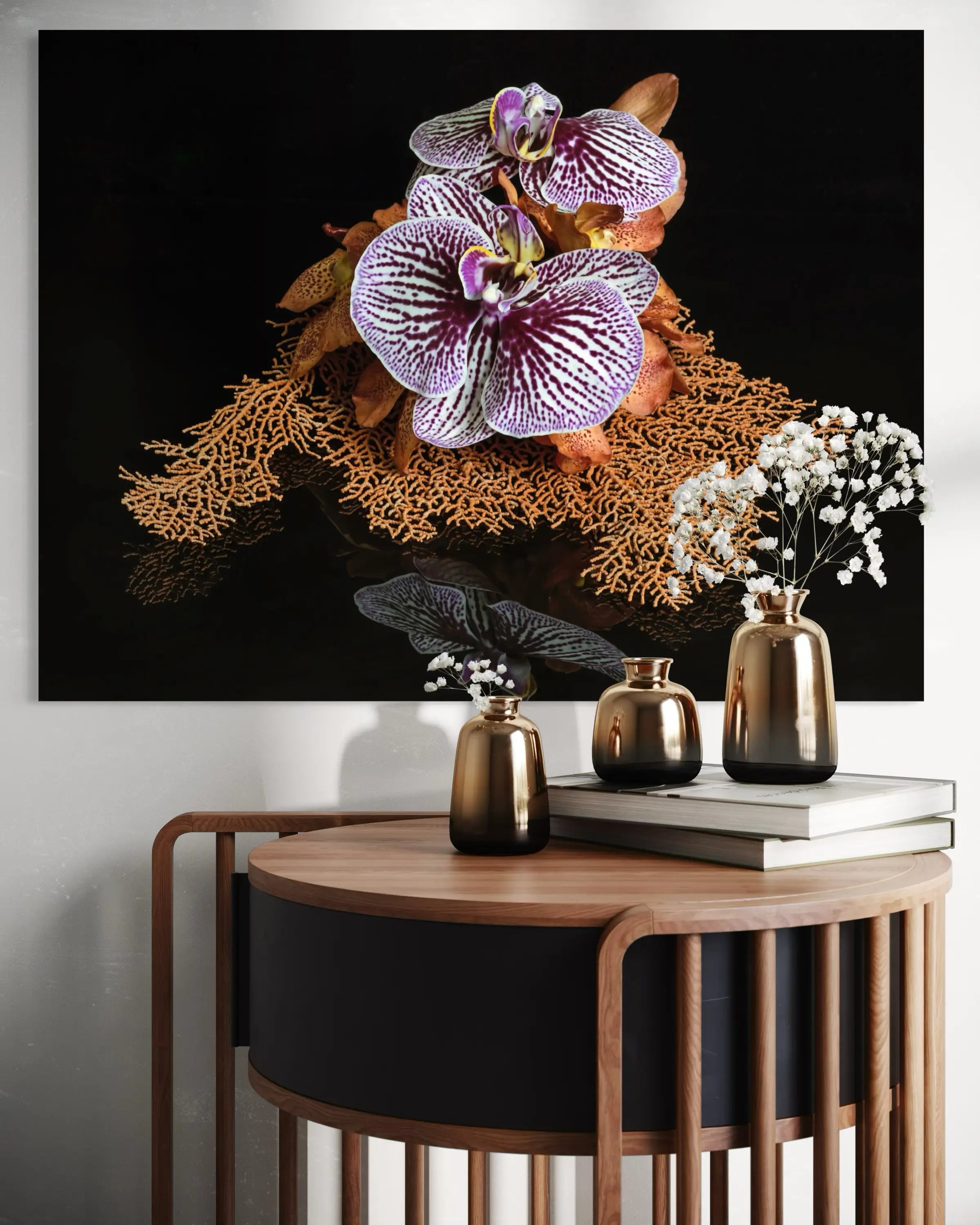 Eco-friendly Coastal Sea Fan Orchid Glass Print with vibrant orchids on a delicate sea fan above a side table