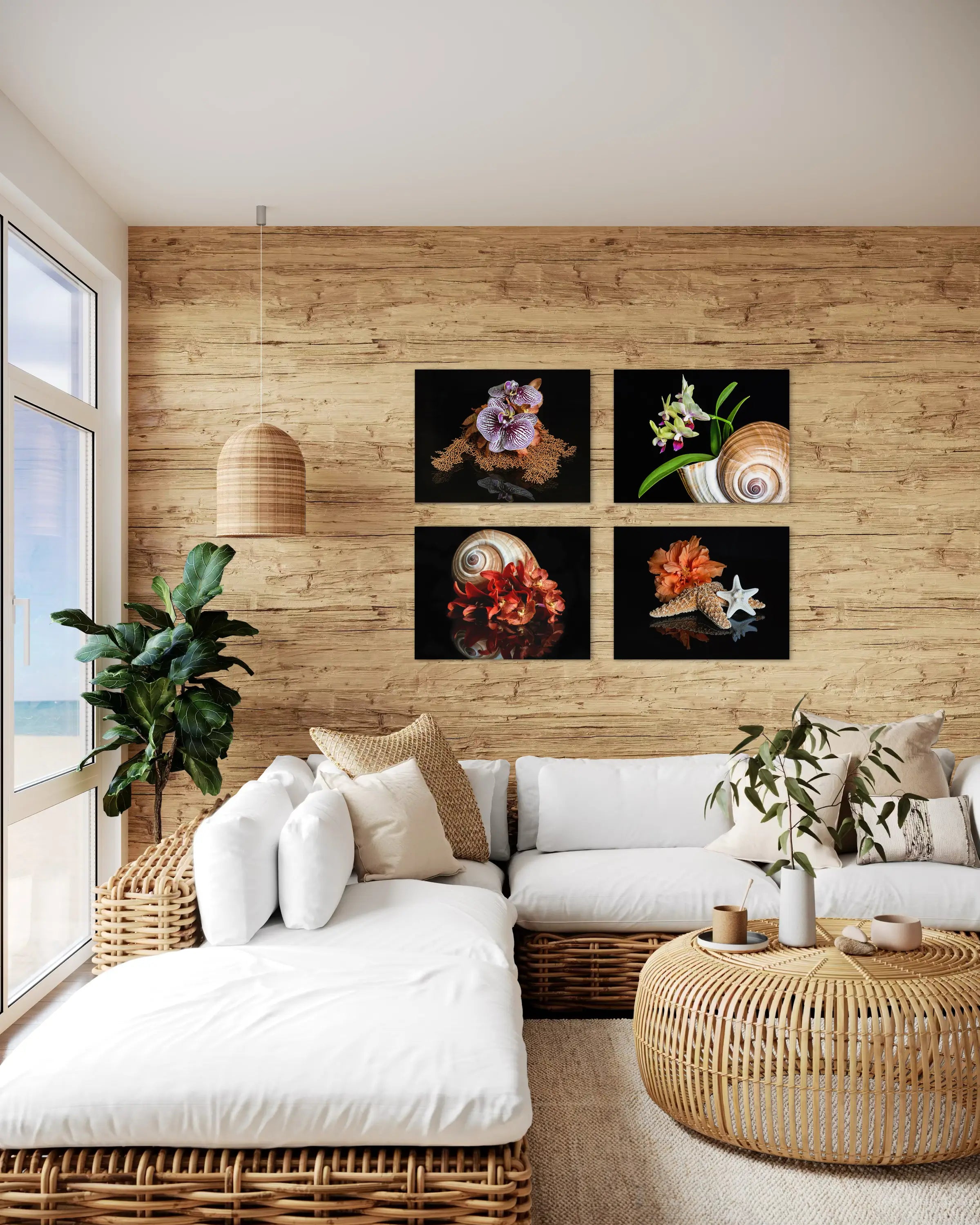 Eco-friendly Coastal Sea Fan Orchid Glass Print with vibrant orchids on a delicate sea fan, coastal gallery wall