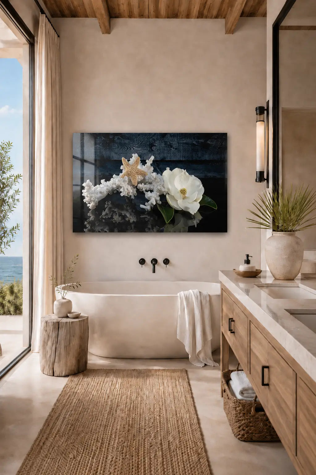 Coastal bathroom with a soaking tub and a coral, starfish and magnolia glassprint