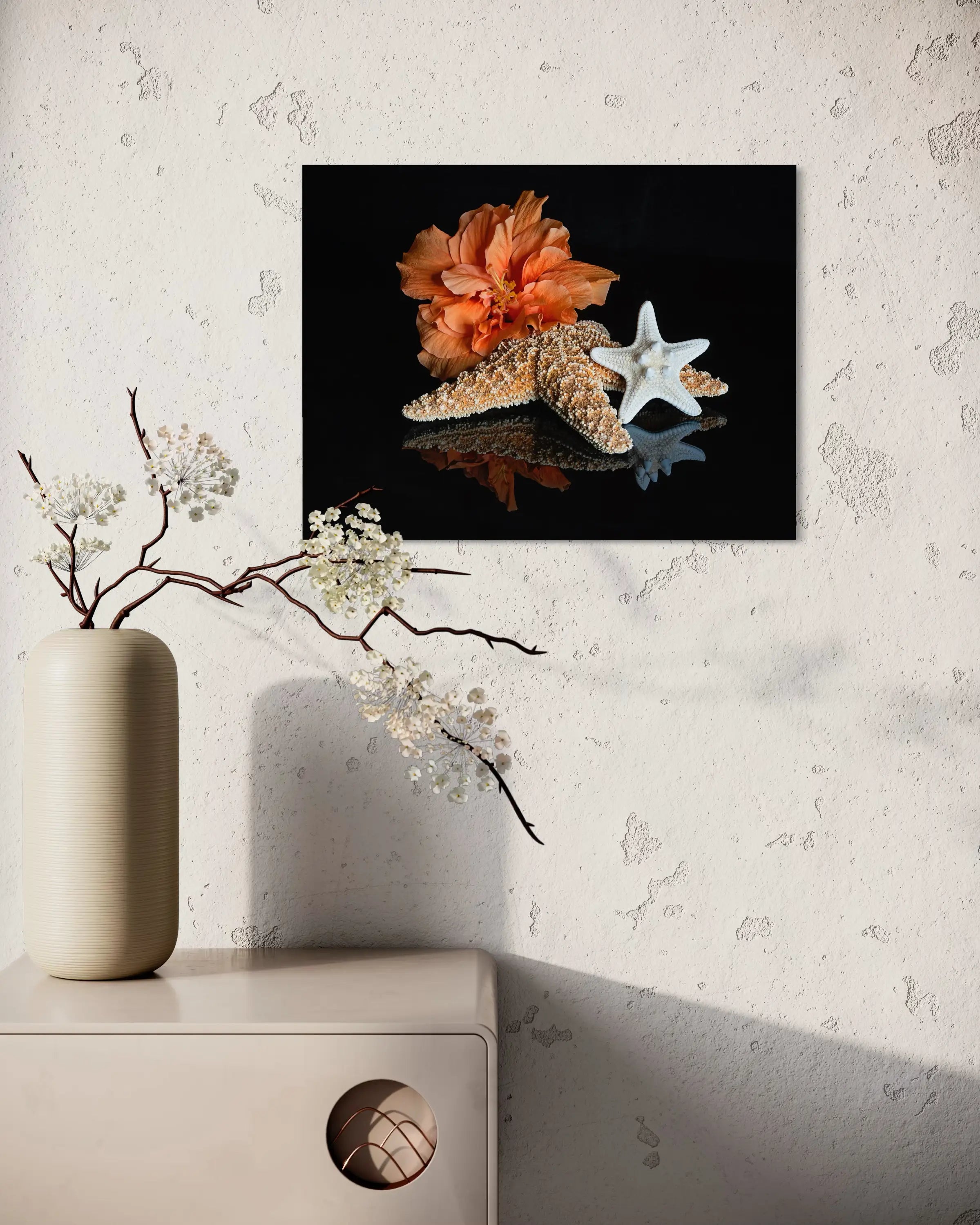 Coastal Starfish Hibiscus Glass Print with vibrant hibiscus and starfish on black background, modern decor