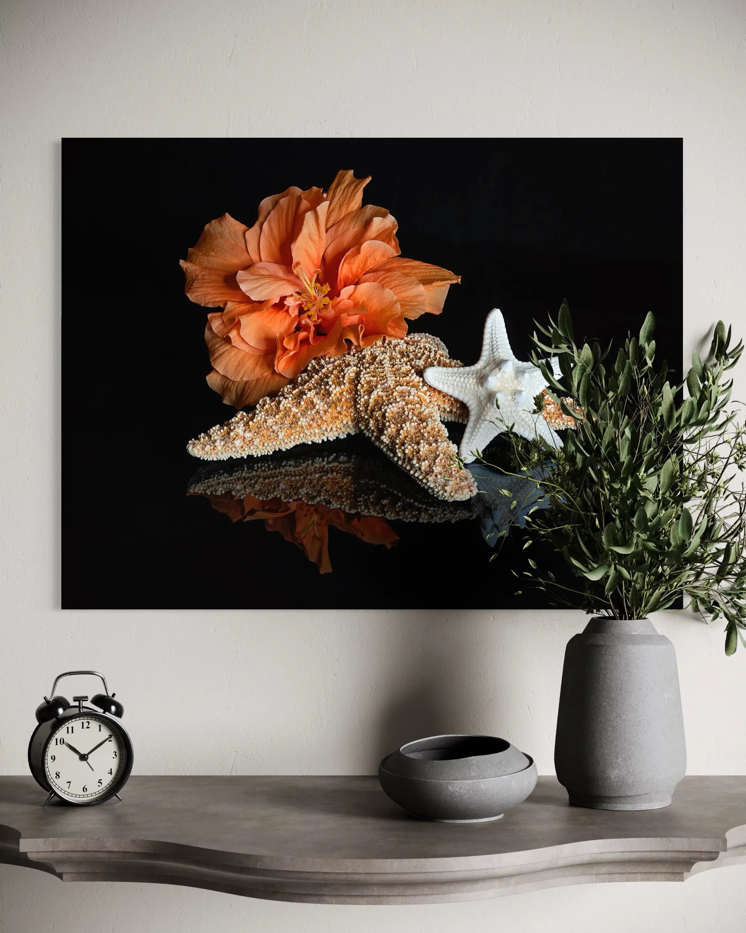 Coastal Starfish Hibiscus Glass Print with vibrant hibiscus and starfish on black background, ocean wall art