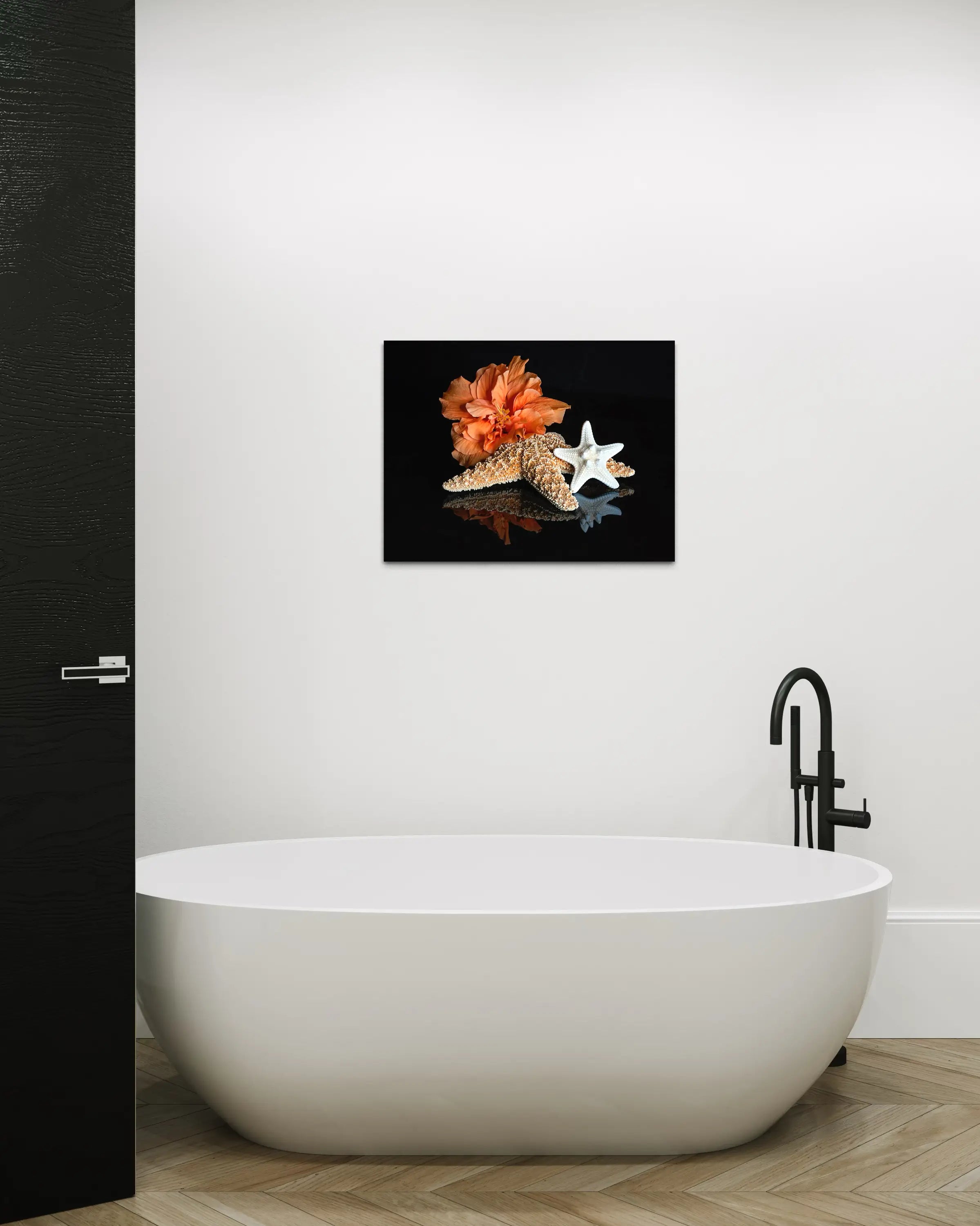 Coastal Starfish Hibiscus Glass Print with vibrant hibiscus and starfish on black background, bathroom ocean wall art
