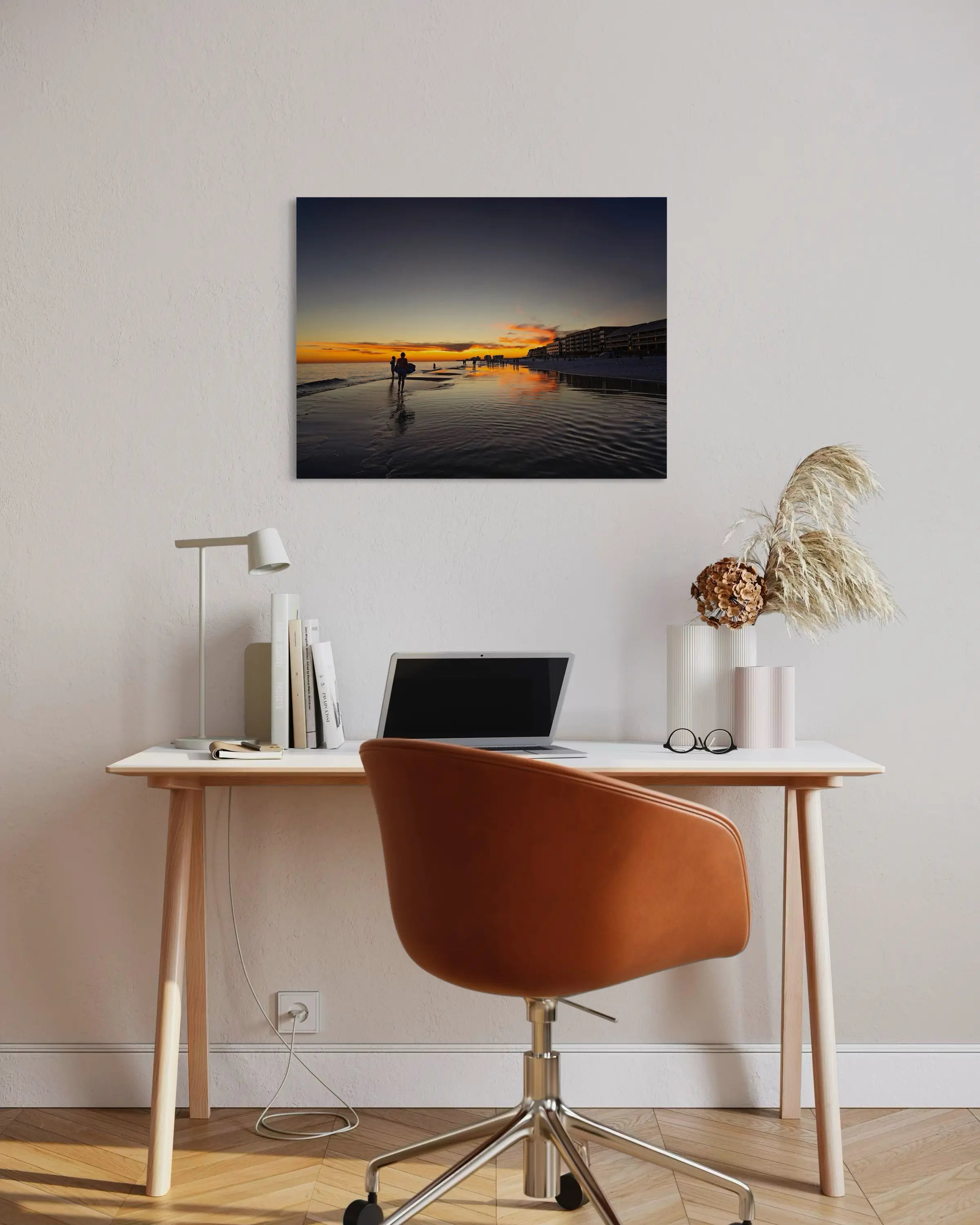 Coastal Glass Print of Miramar Beach sunset with beachgoers, coastal wall art office decor