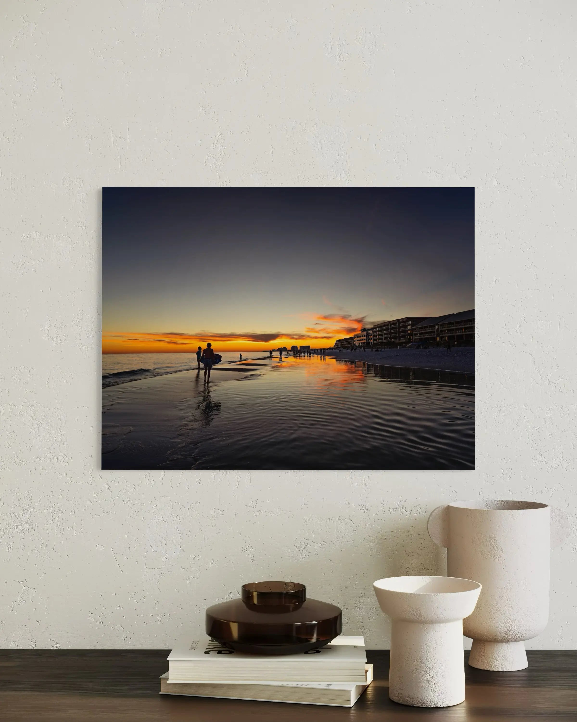 Coastal Glass Print of Miramar Beach sunset with beachgoers, coastal wall art