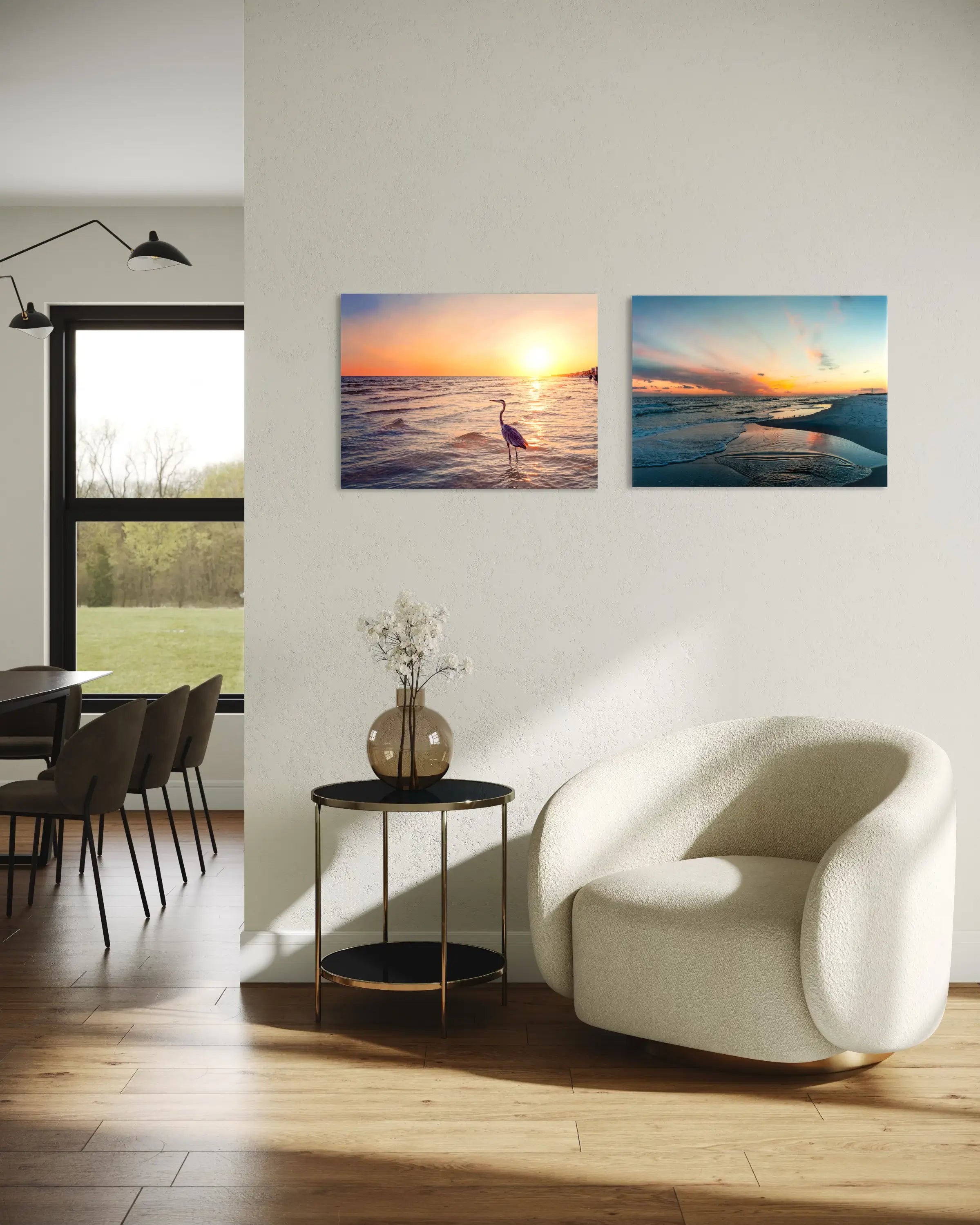 Echoes of the Sea sunset coastal glass prints in vibrant colors.