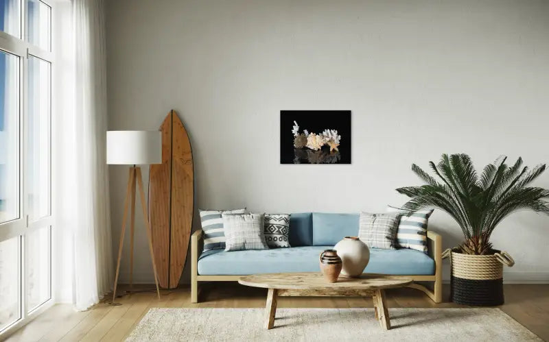 Coastal Treasures Glass Print with marine life on reflective black background, Echoes of the Sea-living room