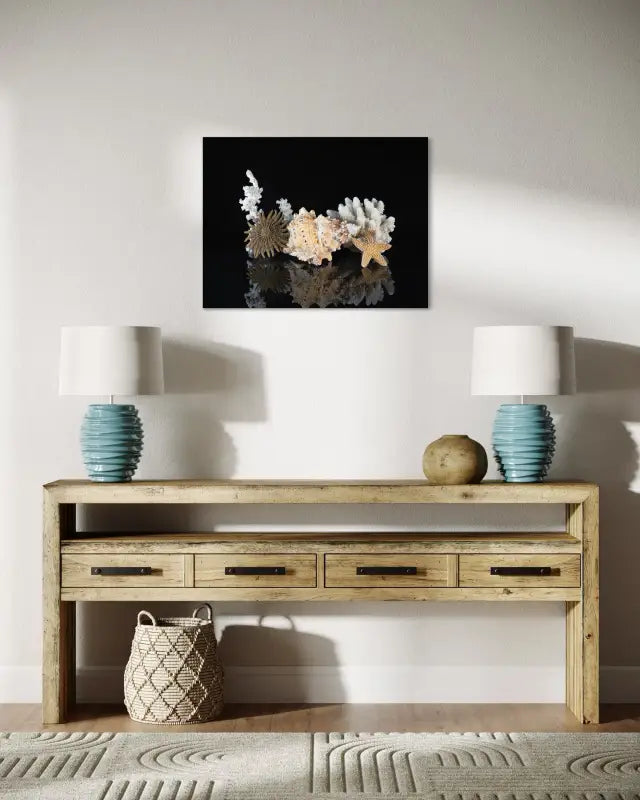 Coastal Treasures Glass Print with marine life on reflective black background, Echoes of the Sea-over side table