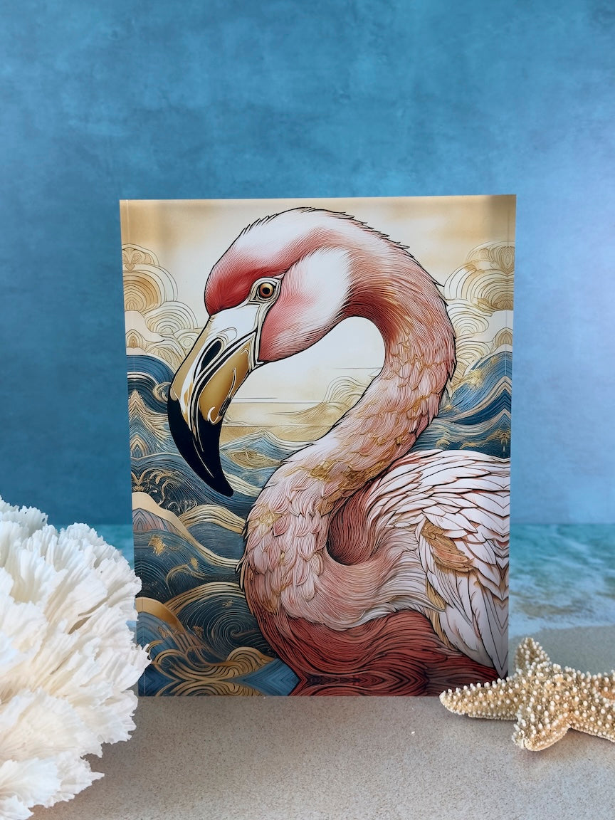 3D acrylic block print of a pink flamingo in a coastal tropical setting.