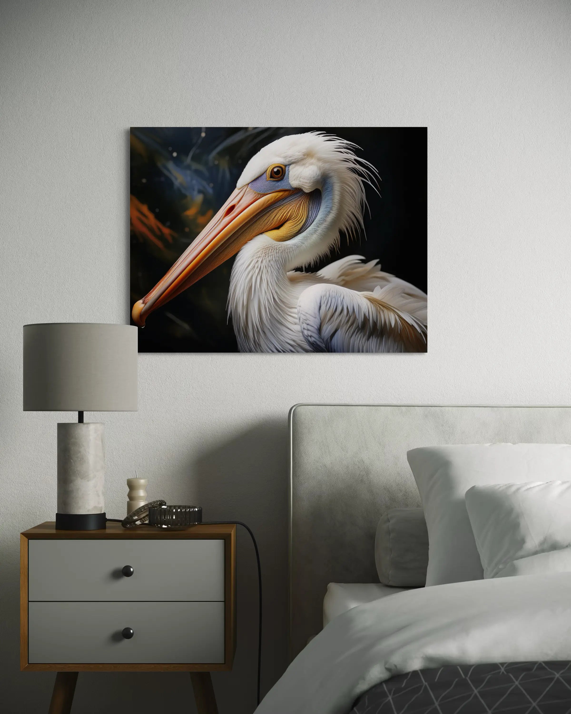 Close-up of a colorful white pelican with orange beak and white feathers against a dark background, bedroom decor