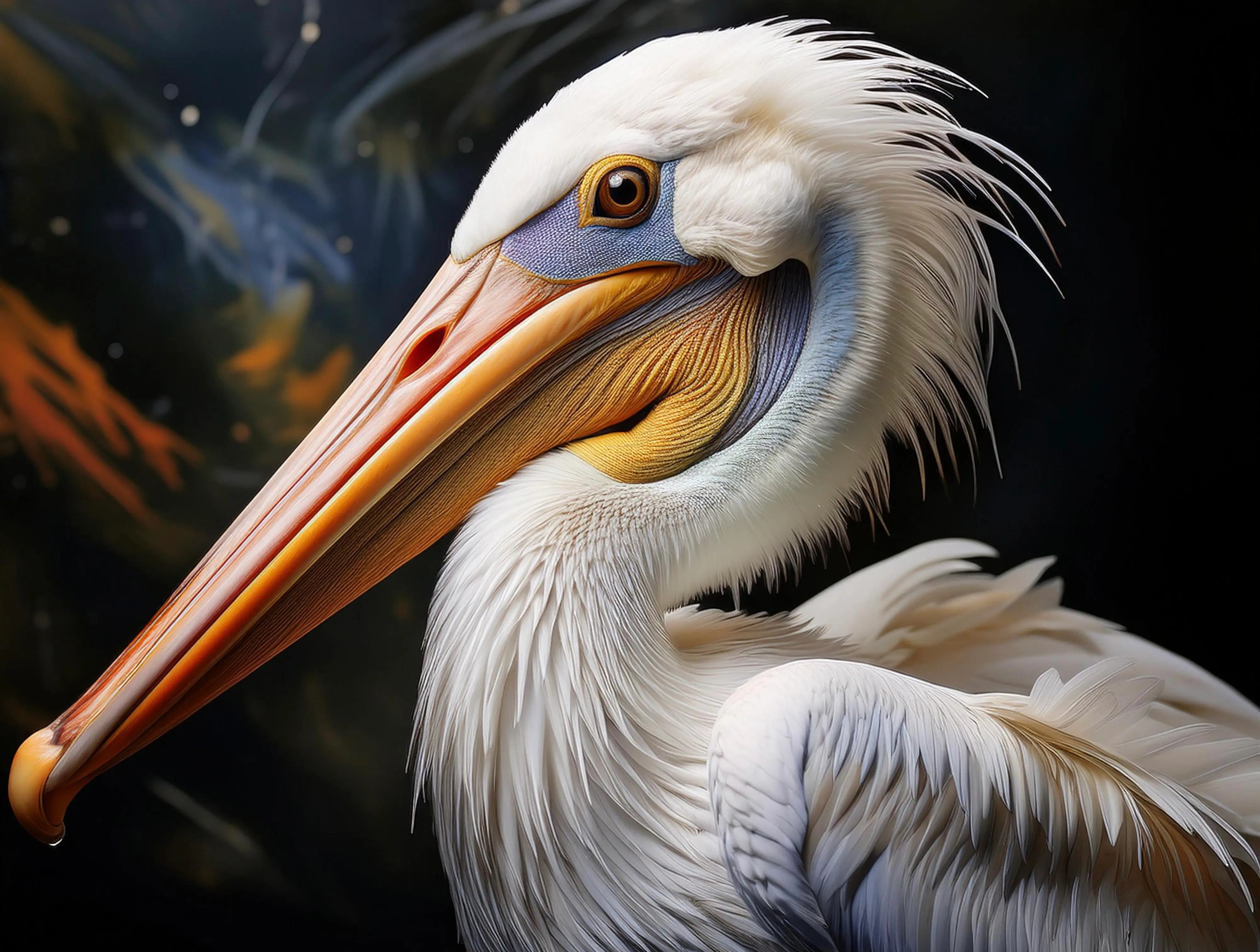 Close-up of a colorful white pelican with orange beak and white feathers against a dark background.