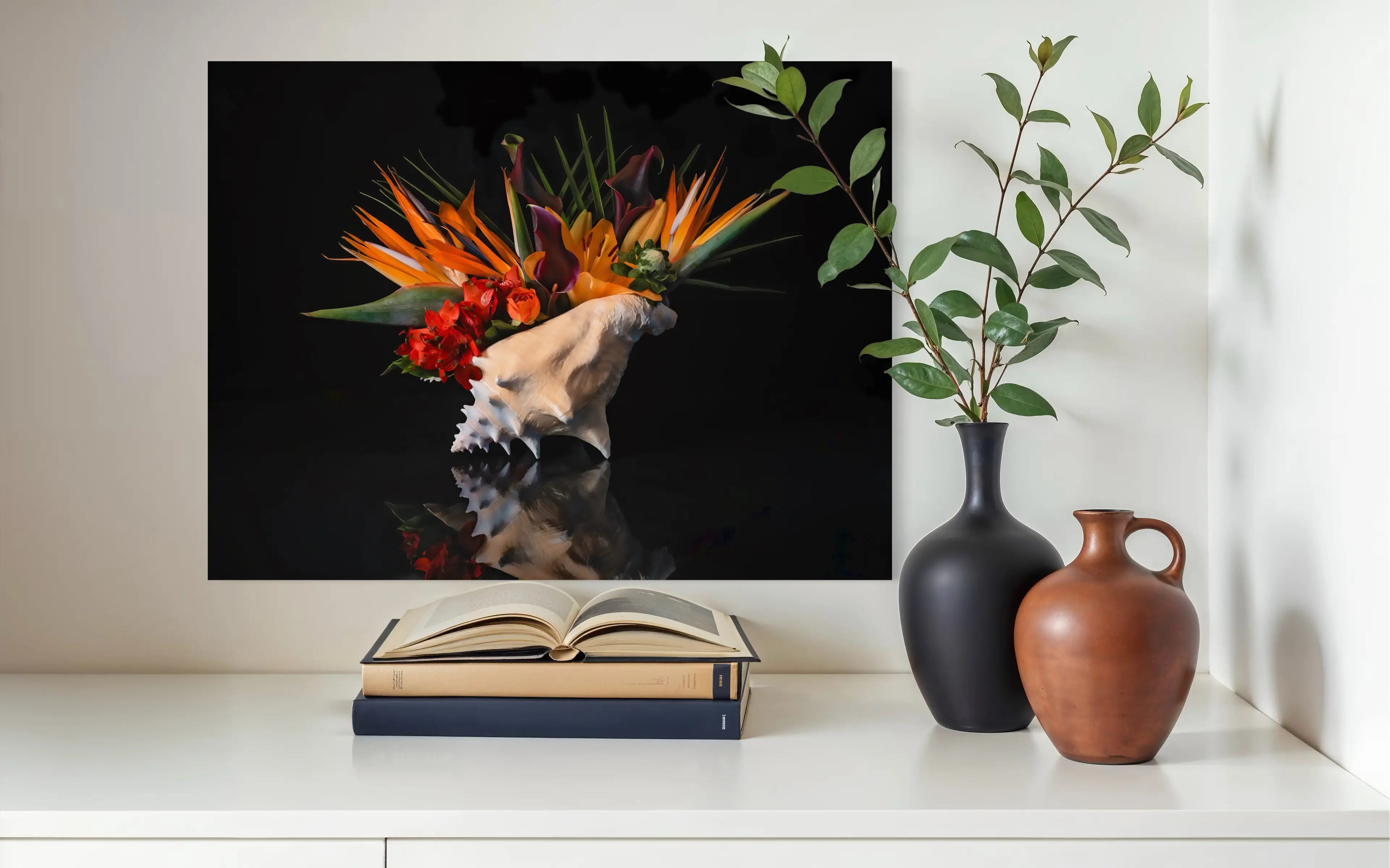 Coastal glass print with conch shell and Birds of Paradise on black background for coastal Decor