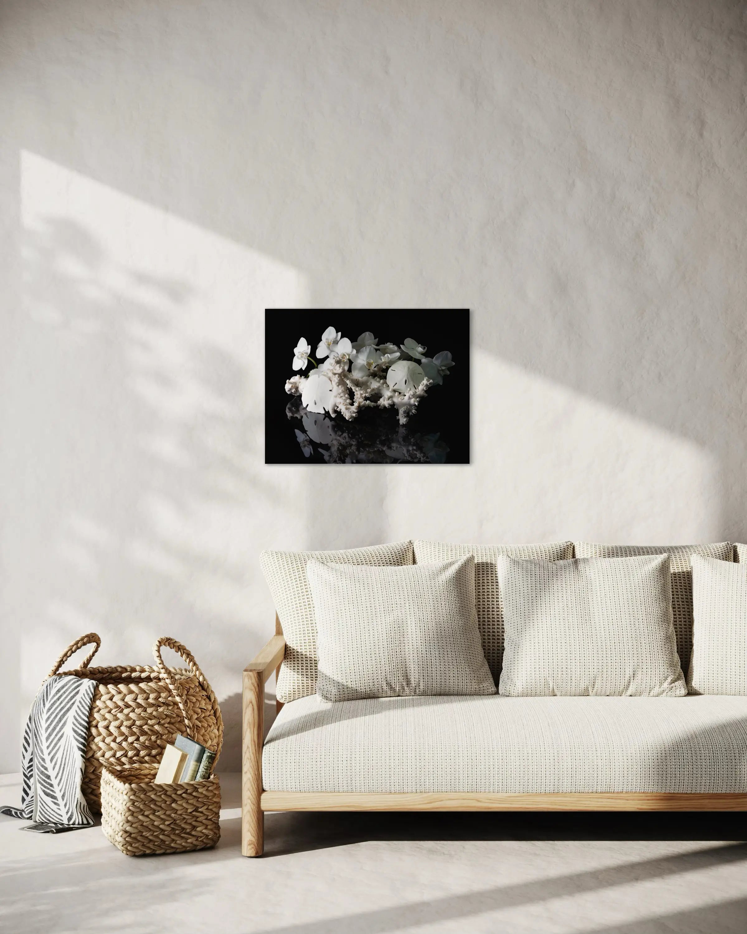 Sand dollar, coral, and white orchids on black glass print, coastal room wall art