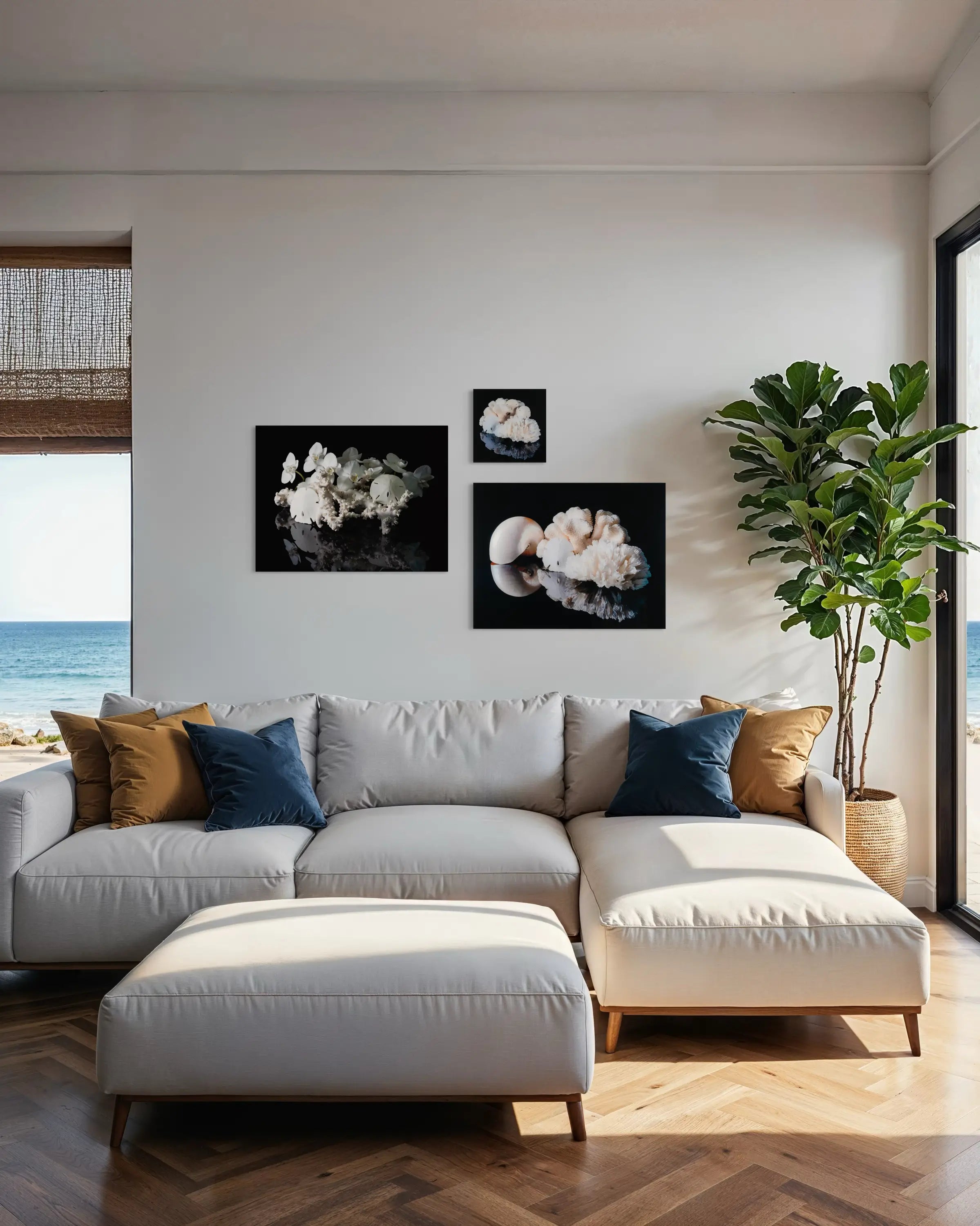Sand dollar, coral, and white orchids on black glass print, coastal wall art gallery