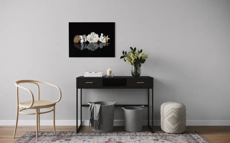 Coral and starfish glass art print on black background-wall decor