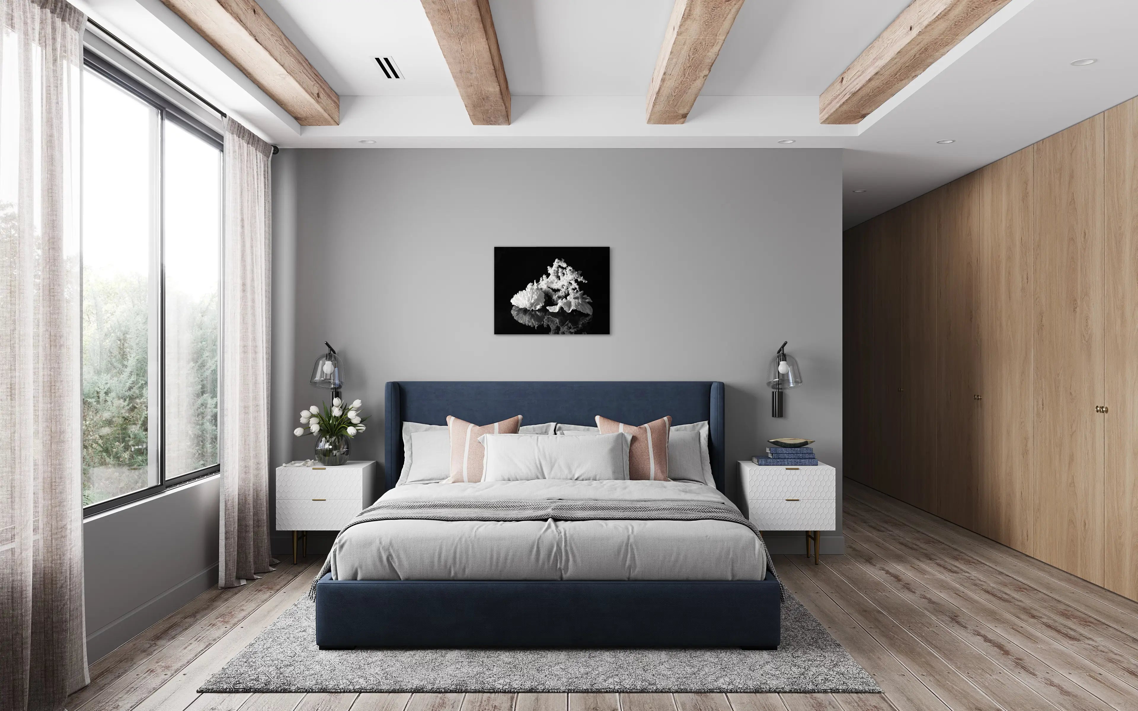 White octopus coral and starfish on black glass, Echoes of the Sea glass print, bedroom decor