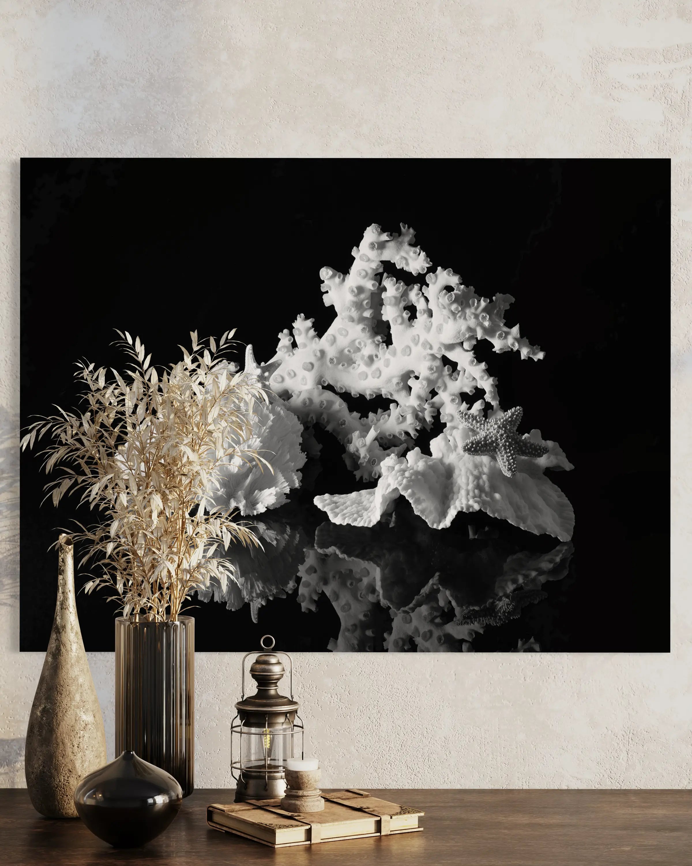 White octopus coral and starfish on black glass, Echoes of the Sea glass print, marine decor