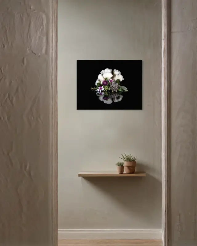 A glass print of cauliflower coral and succulents on black background-hallway decor