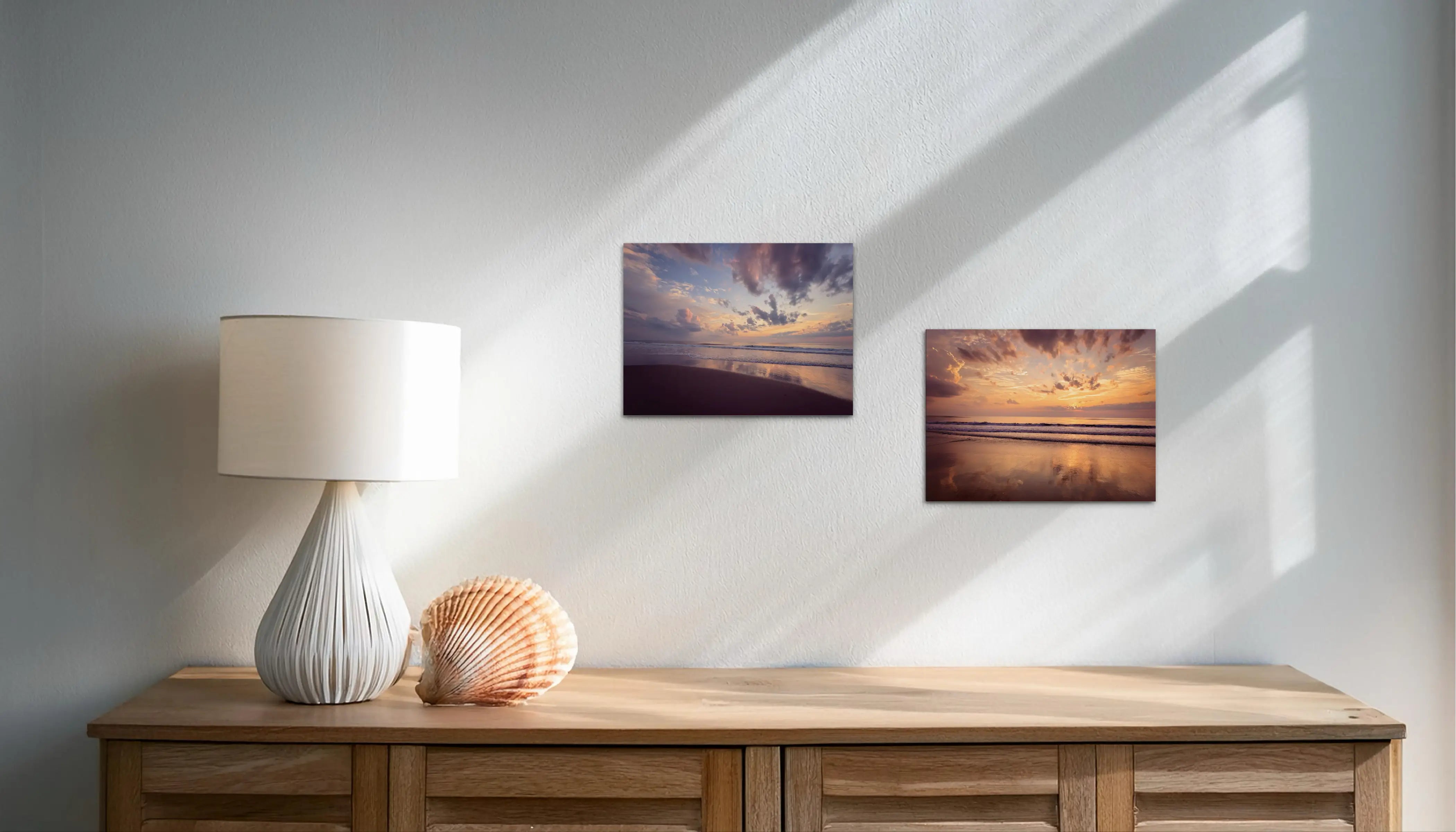 Vibrant coastal glass print featuring a sunrise on Corolla Beach in the Outer Banks, with the sun's colors reflecting on the wet sand with matching prints