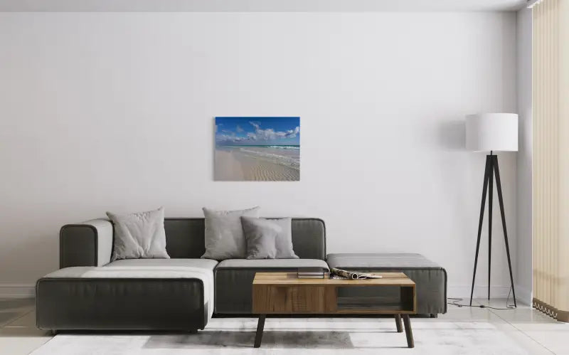 Crystal clear beach with white sand and turquoise water, Echoes glass art, coastal living room