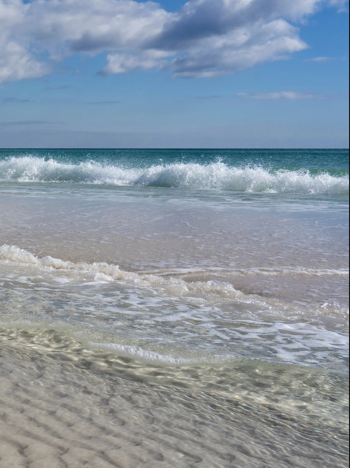 Right panel of Crystal Clear Beach Triptych showing a breaking turquoise Gulf wave, white foam, shallow water, and blue sky