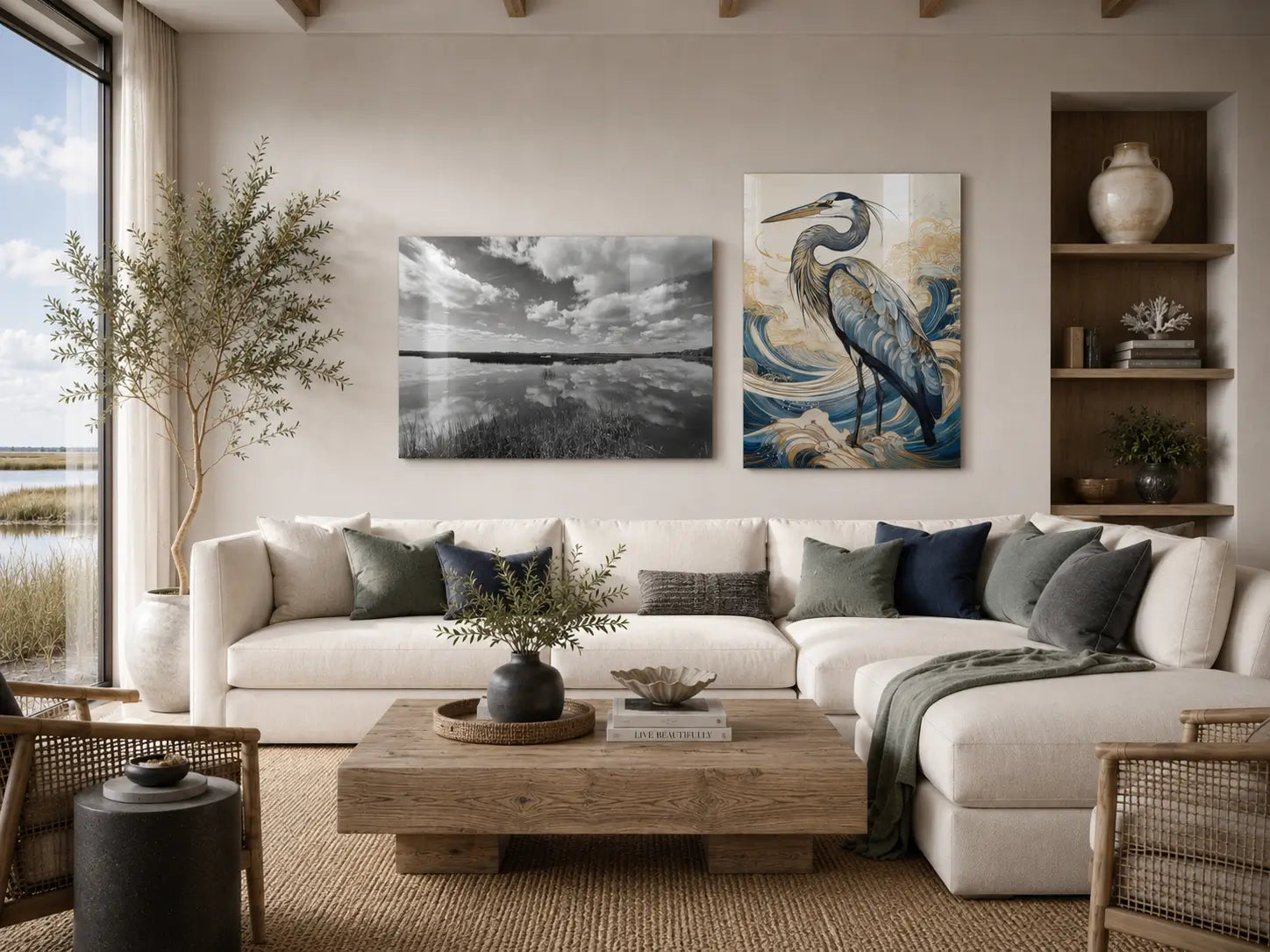 Cumberland Island marsh photography paired with colorful heron wall art above a warm modern coastal living room sofa.
