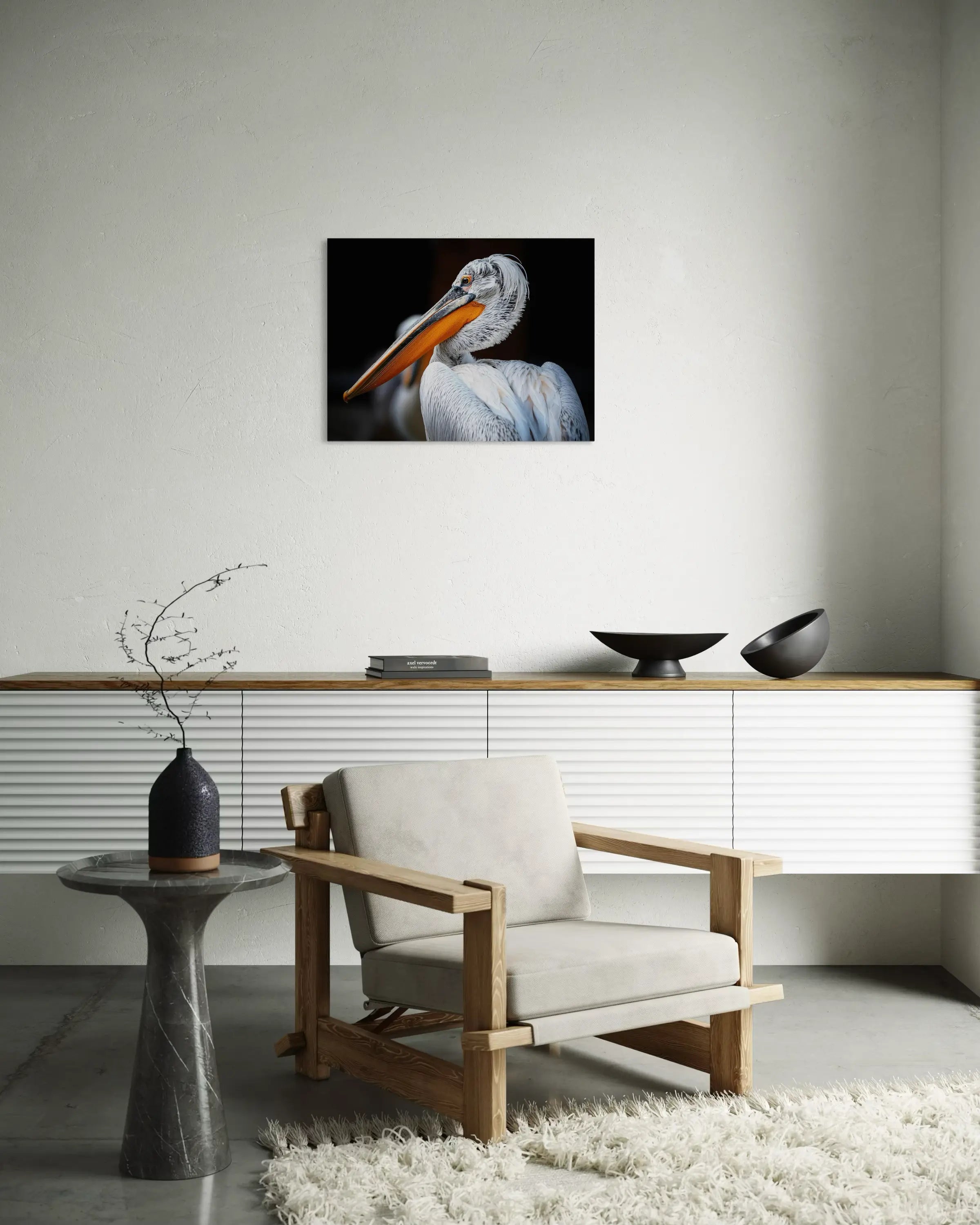 Close-up of a Dalmatian pelican with vibrant orange beak and speckled feathers, set against a black background, modern decor