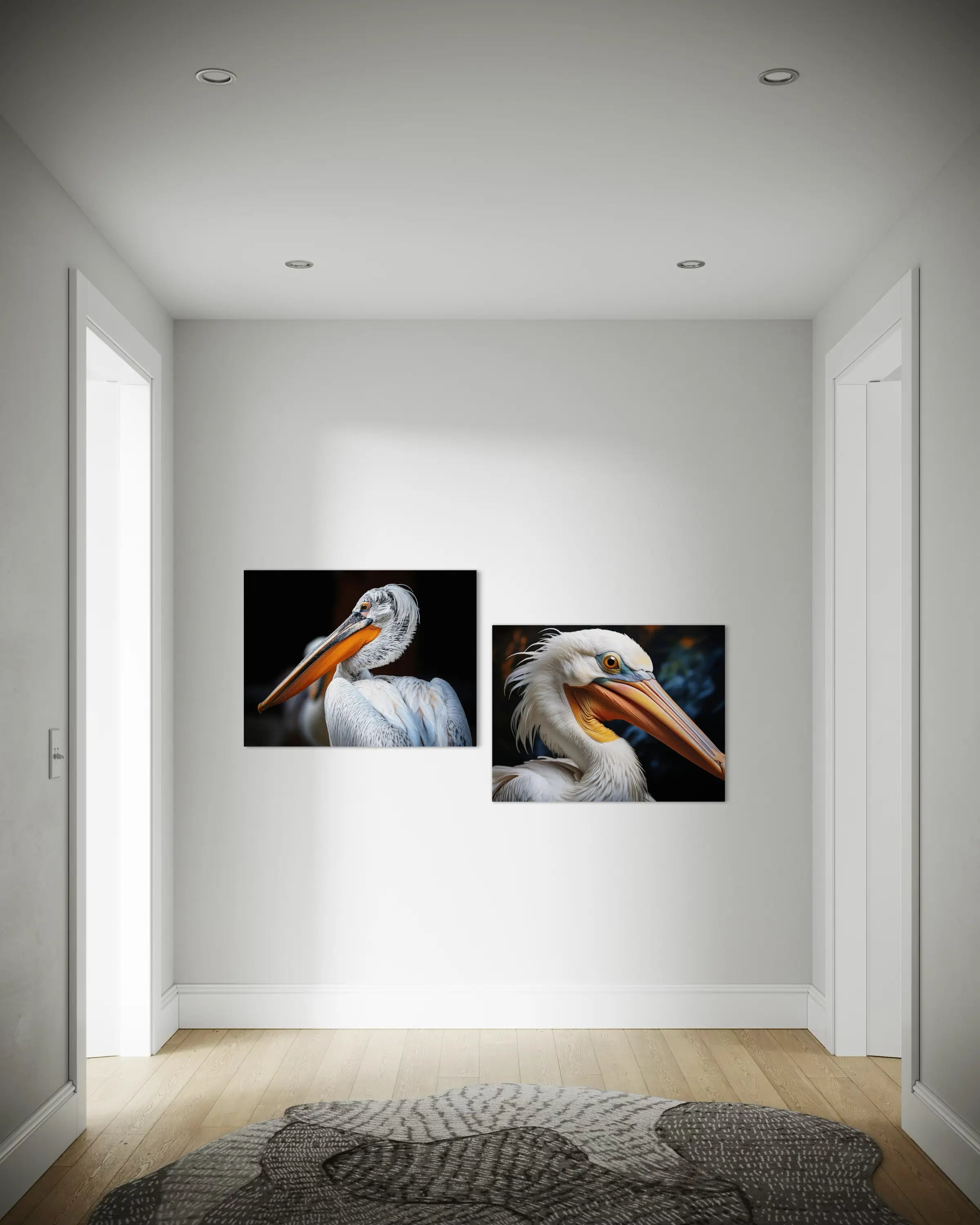 Close-up of a Dalmatian pelican with vibrant orange beak and speckled feathers, set against a black background with another print