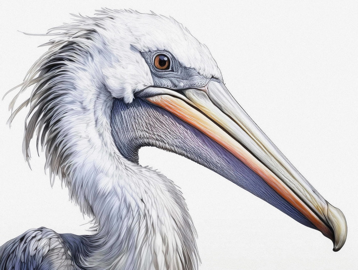 High-quality glass print of a Dalmatian Pelican's head and neck, showcasing intricate feather textures and a multi-hued beak, set on a clean white background.