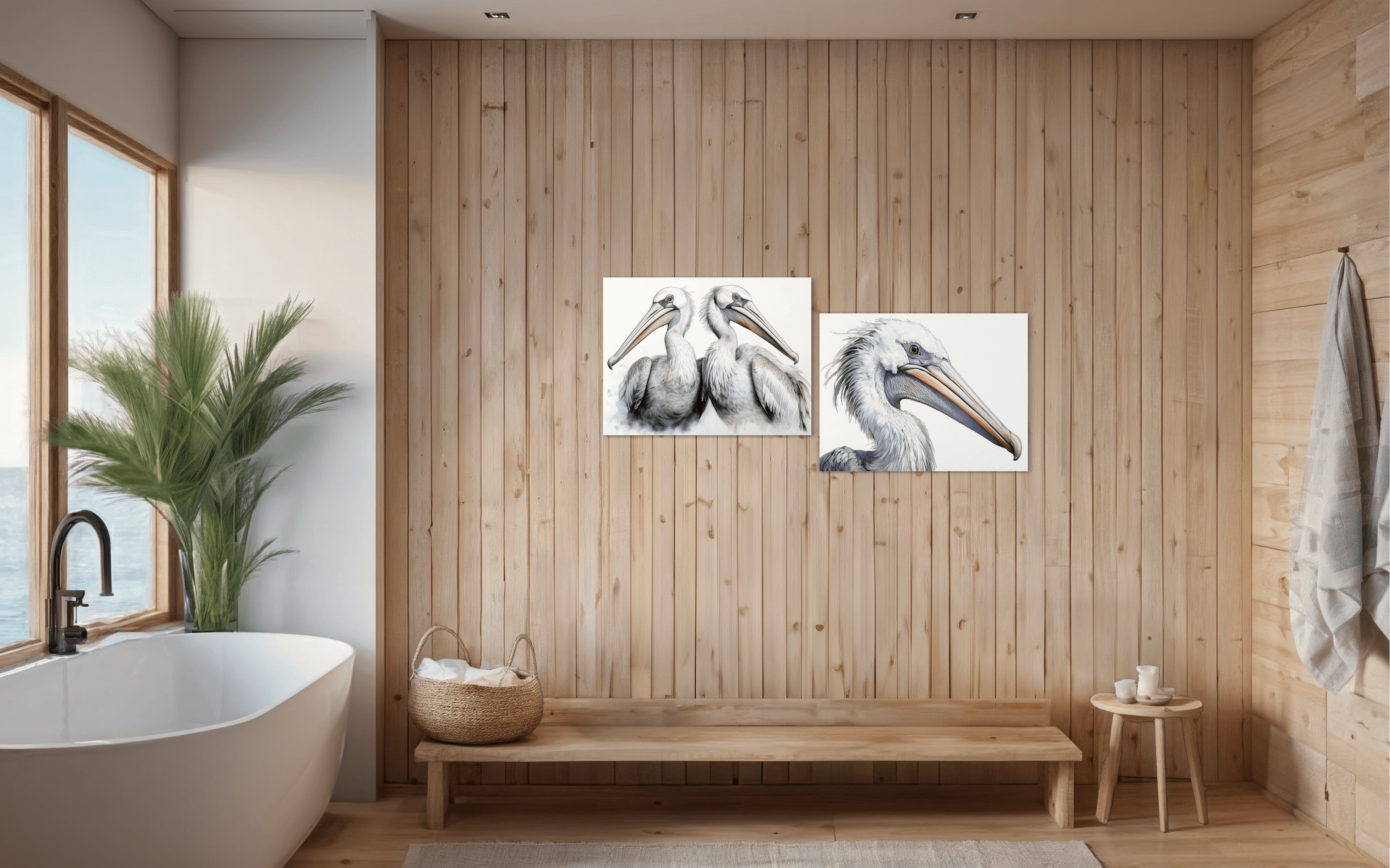 High-quality glass print of a Dalmatian Pelican's head and neck, showcasing intricate feather textures, set on a clean white background-displayed with a Pelican pair