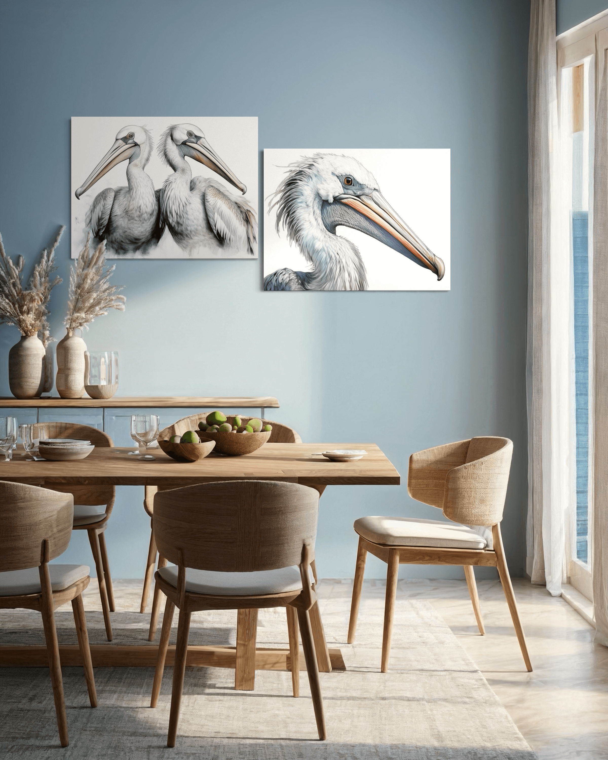 High-quality glass print of a Dalmatian Pelican's head and neck, showcasing intricate feather textures, set on a clean white background-displayed with another print in dining room.