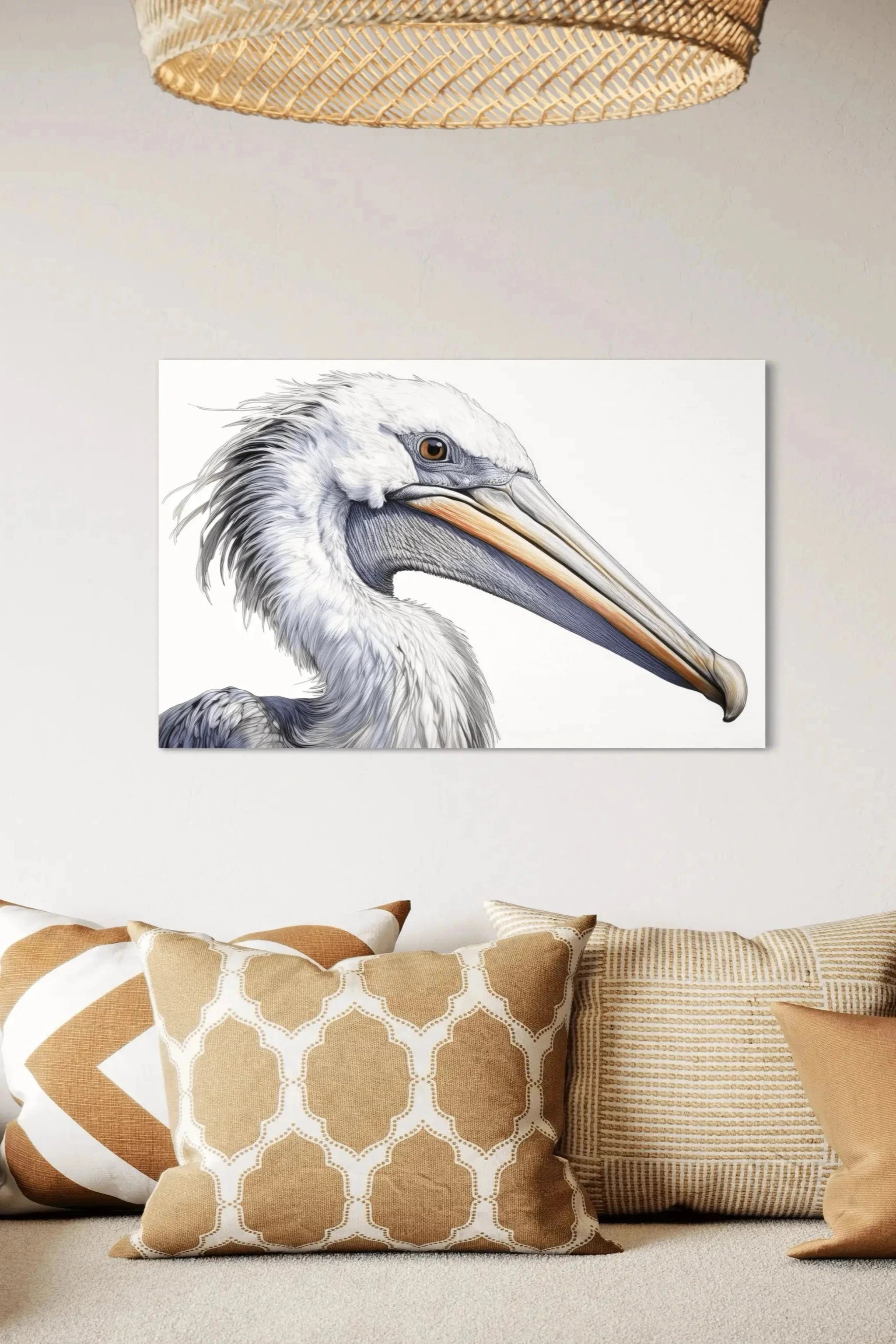 Glass print of a  Dalmatian Pelican on white background displayed in a warm cozy setting