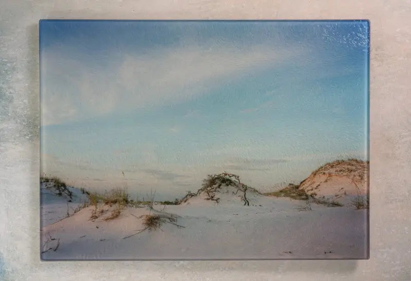 Glass charcuterie board with driftwood dunes and beach scene