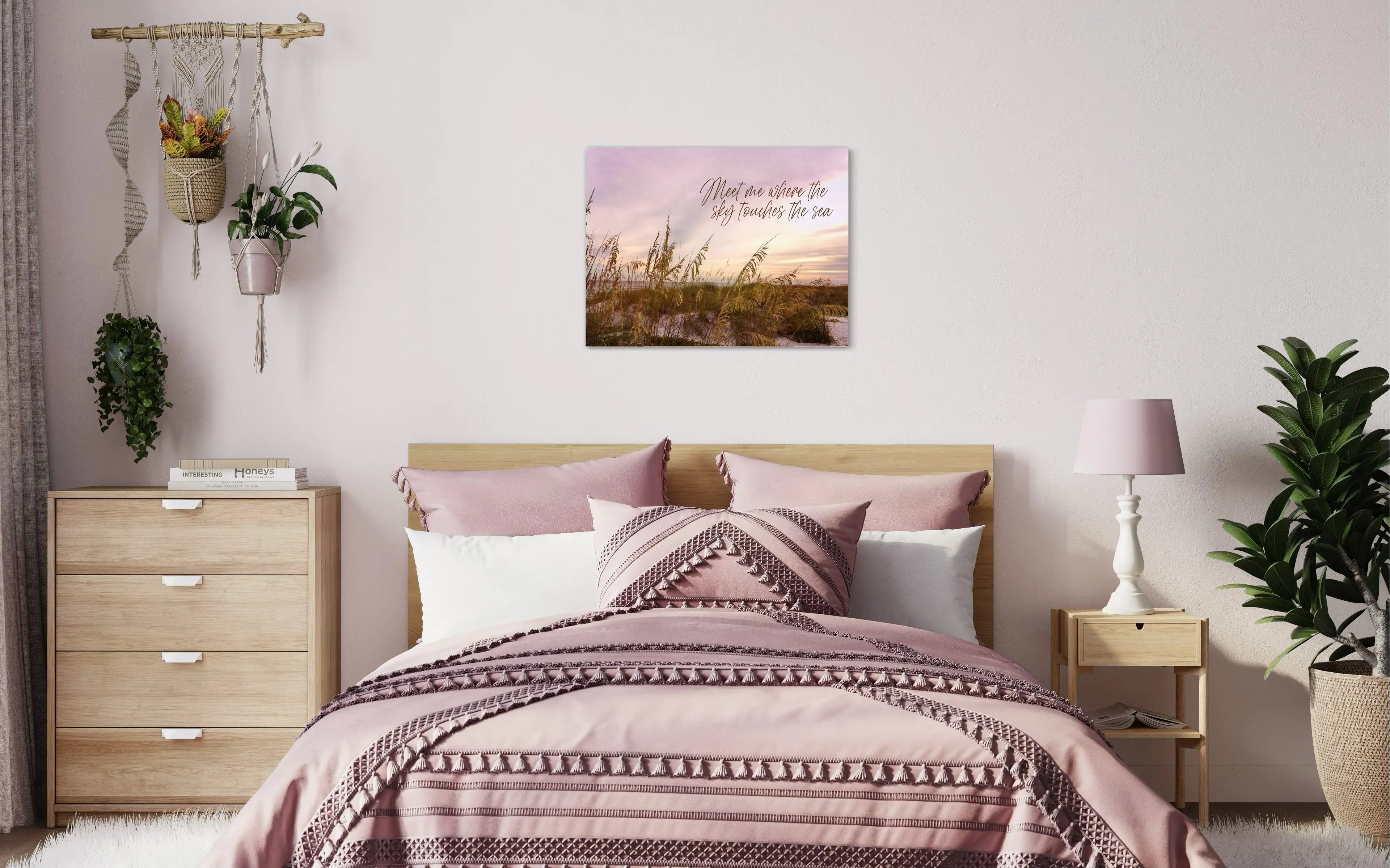 Coastal Sunset Glass Print: Dusk’s Serenity, sea oats swaying at sunset with 'Meet me where sky touches sea,' coastal boho bedroom