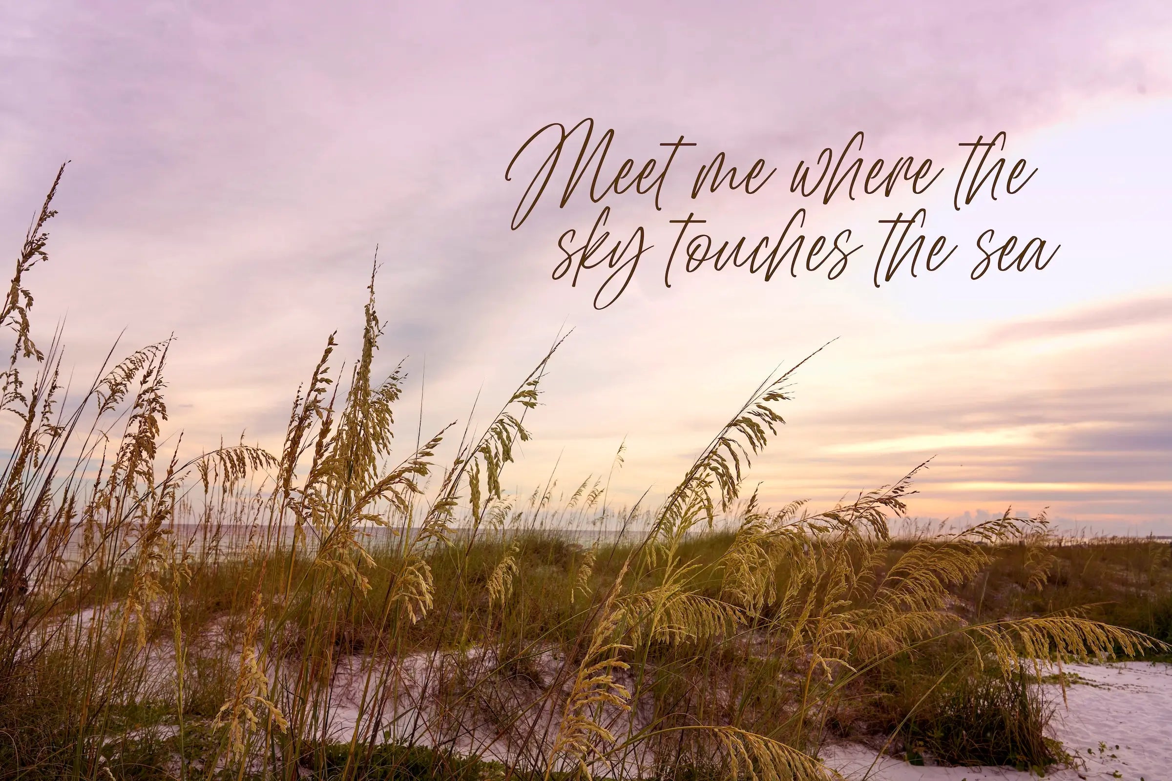 Coastal Sunset Glass Print: Dusk’s Serenity, sea oats swaying at sunset with 'Meet me where sky touches sea,'