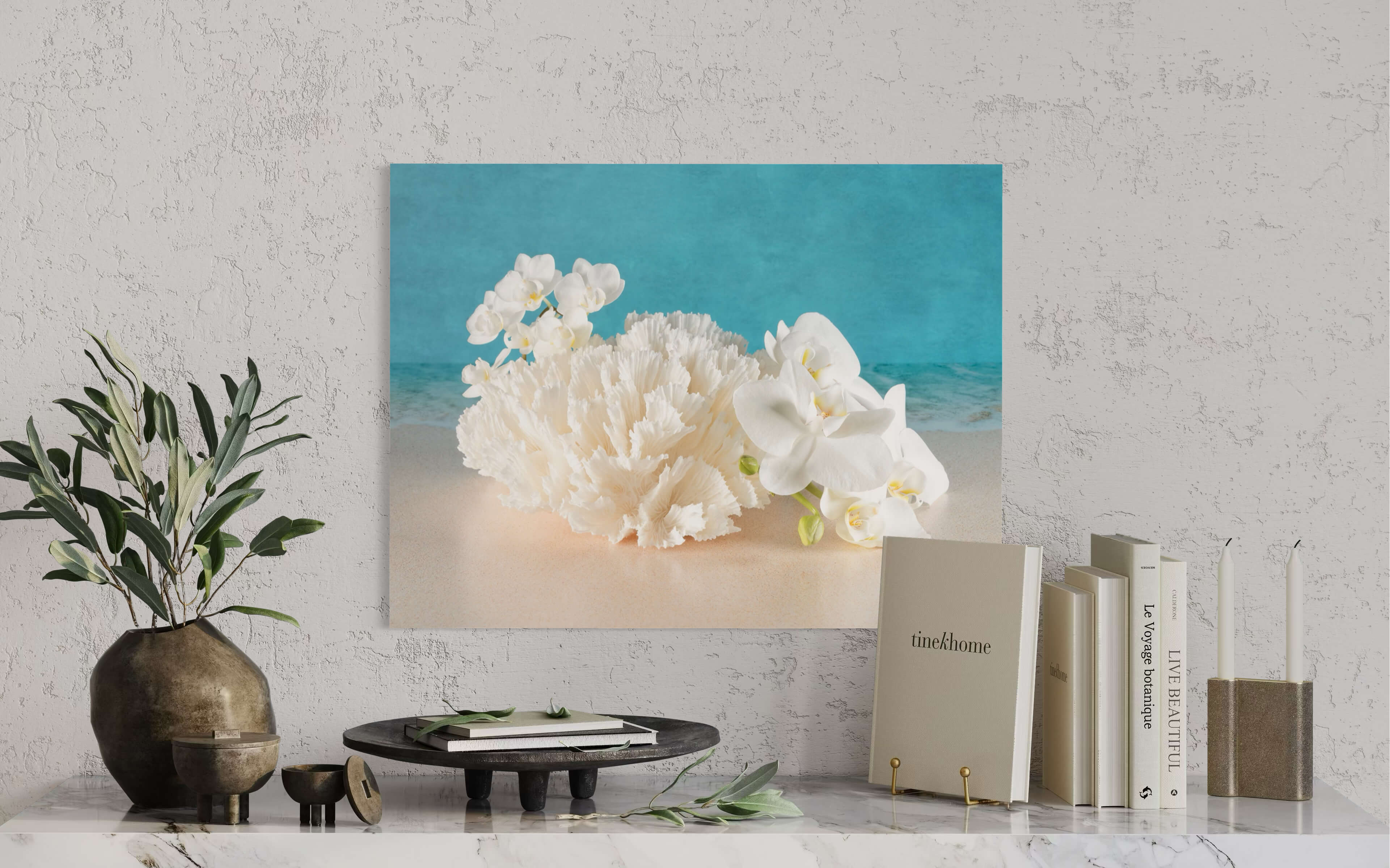 Stunning eco-friendly coastal glass print featuring cabbage coral and white orchids-wall decor