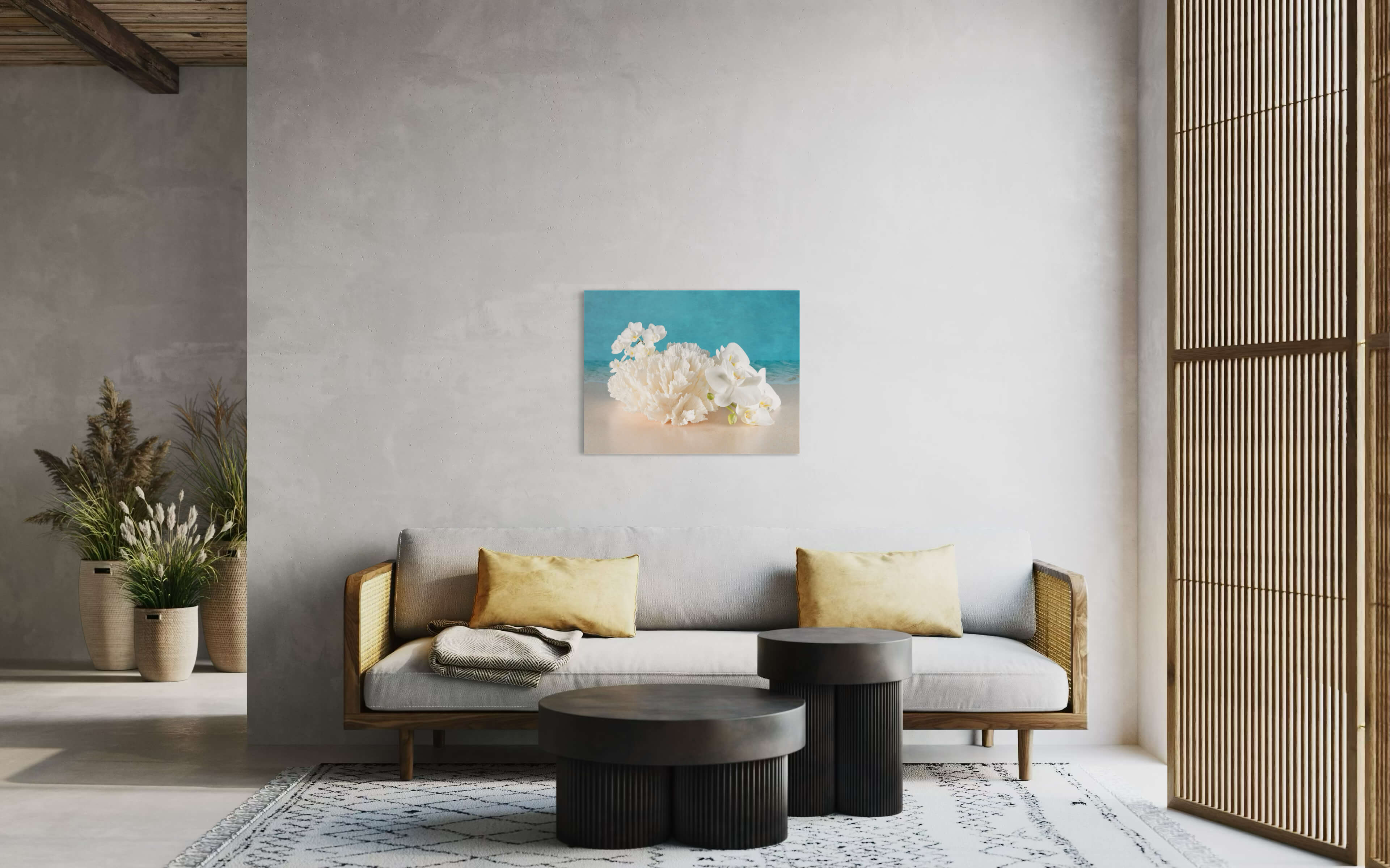 Stunning eco-friendly coastal glass print featuring cabbage coral and white orchids-living room wall decor