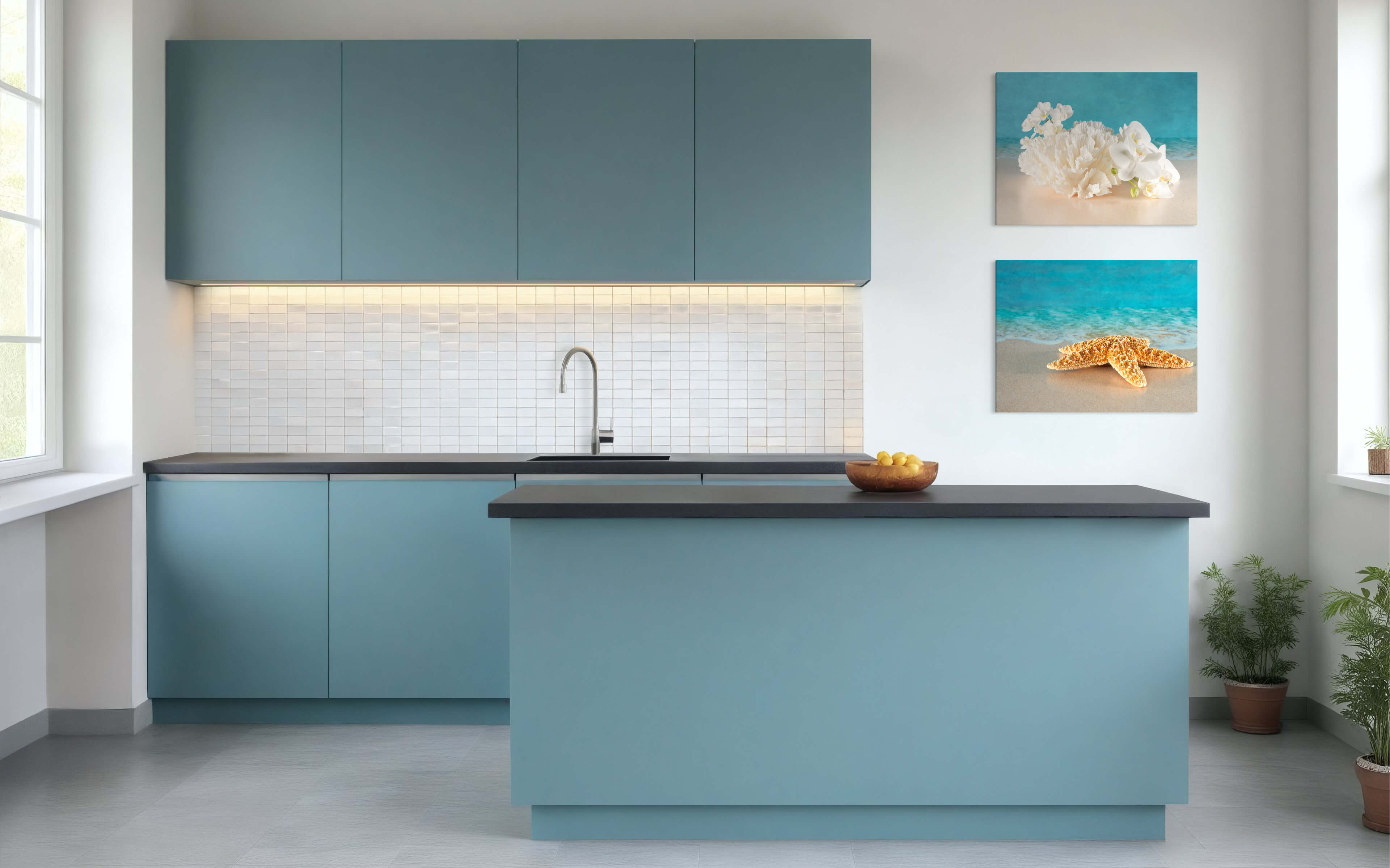 Stunning eco-friendly coastal glass print featuring cabbage coral and white orchids-with another Echoes glass print