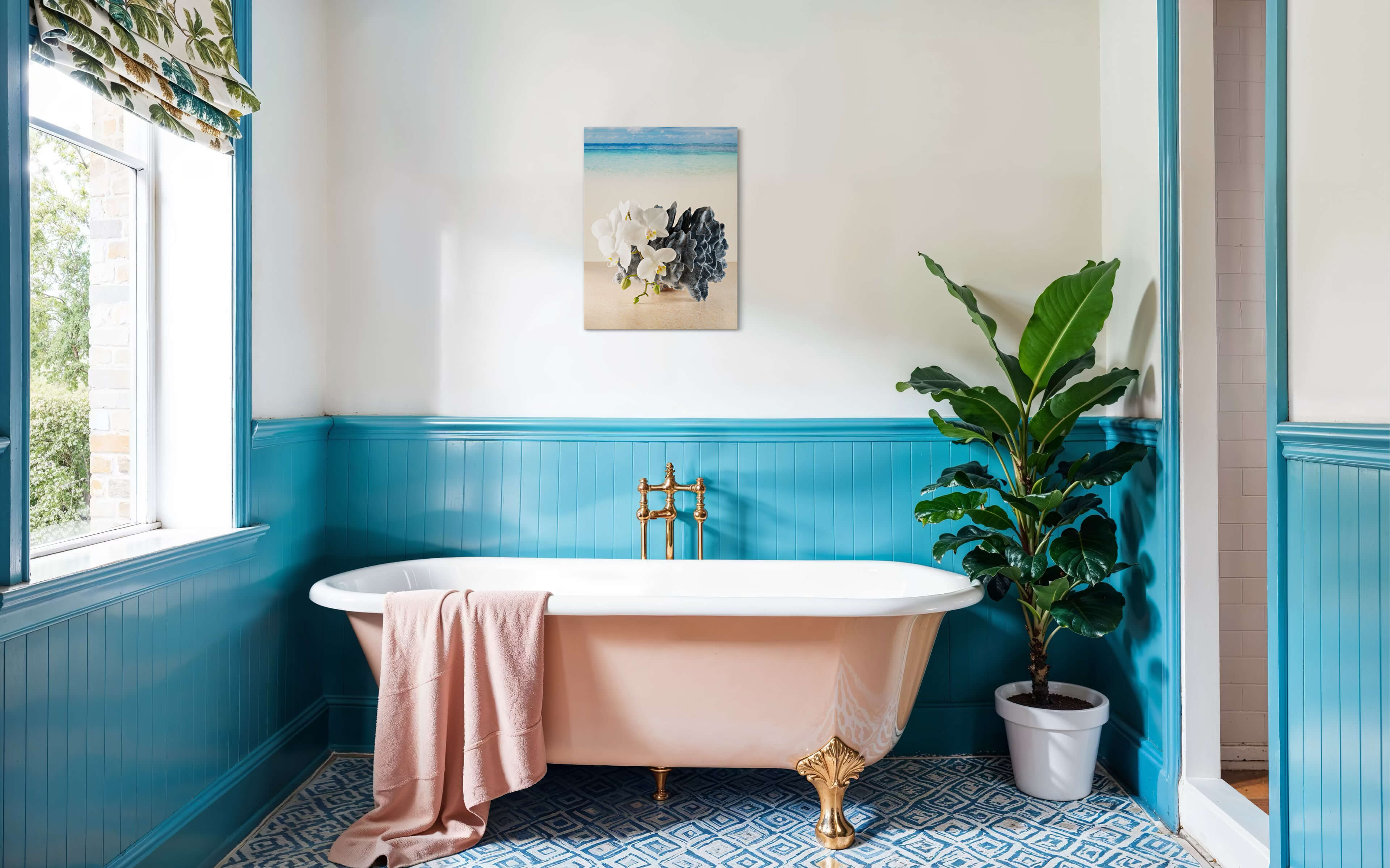 Coastal glass print with blue coral and white orchids against a serene beach scene-bathroom wall decor