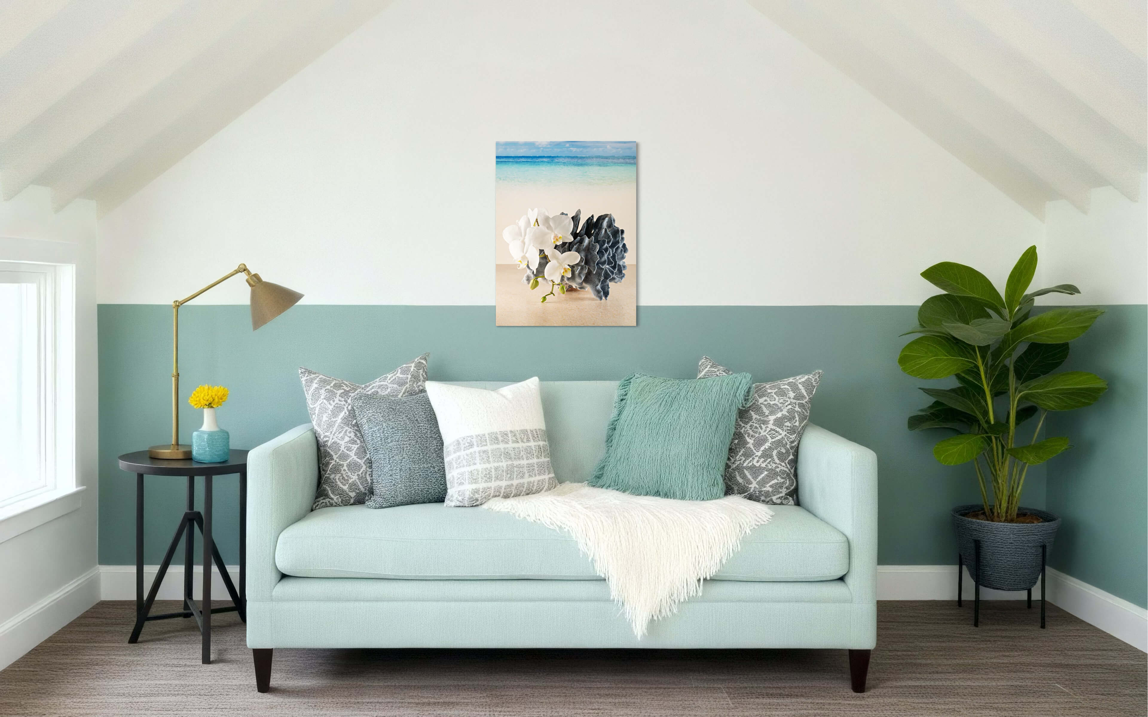Coastal glass print with blue coral and white orchids against a serene beach scene-living room decor