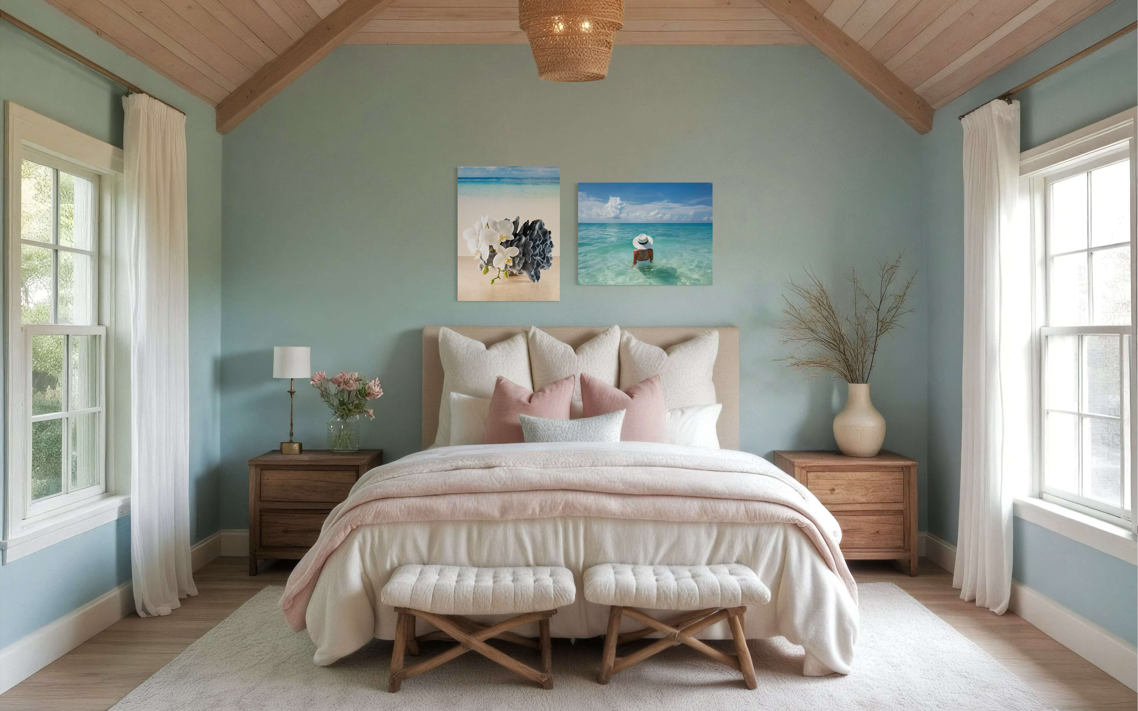 Coastal glass print with blue coral and white orchids displayed with another echoes print