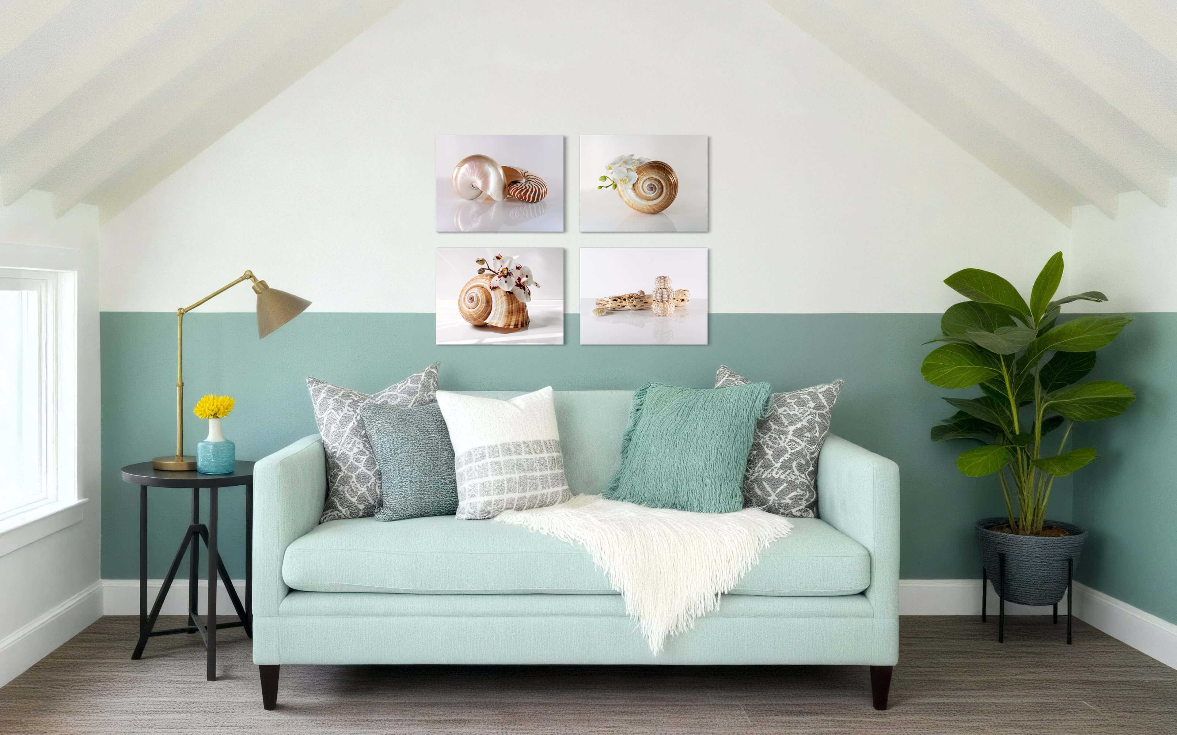 Eco-friendly coastal glass print: giant tun shell and white orchids displayed in Echoes wall gallery