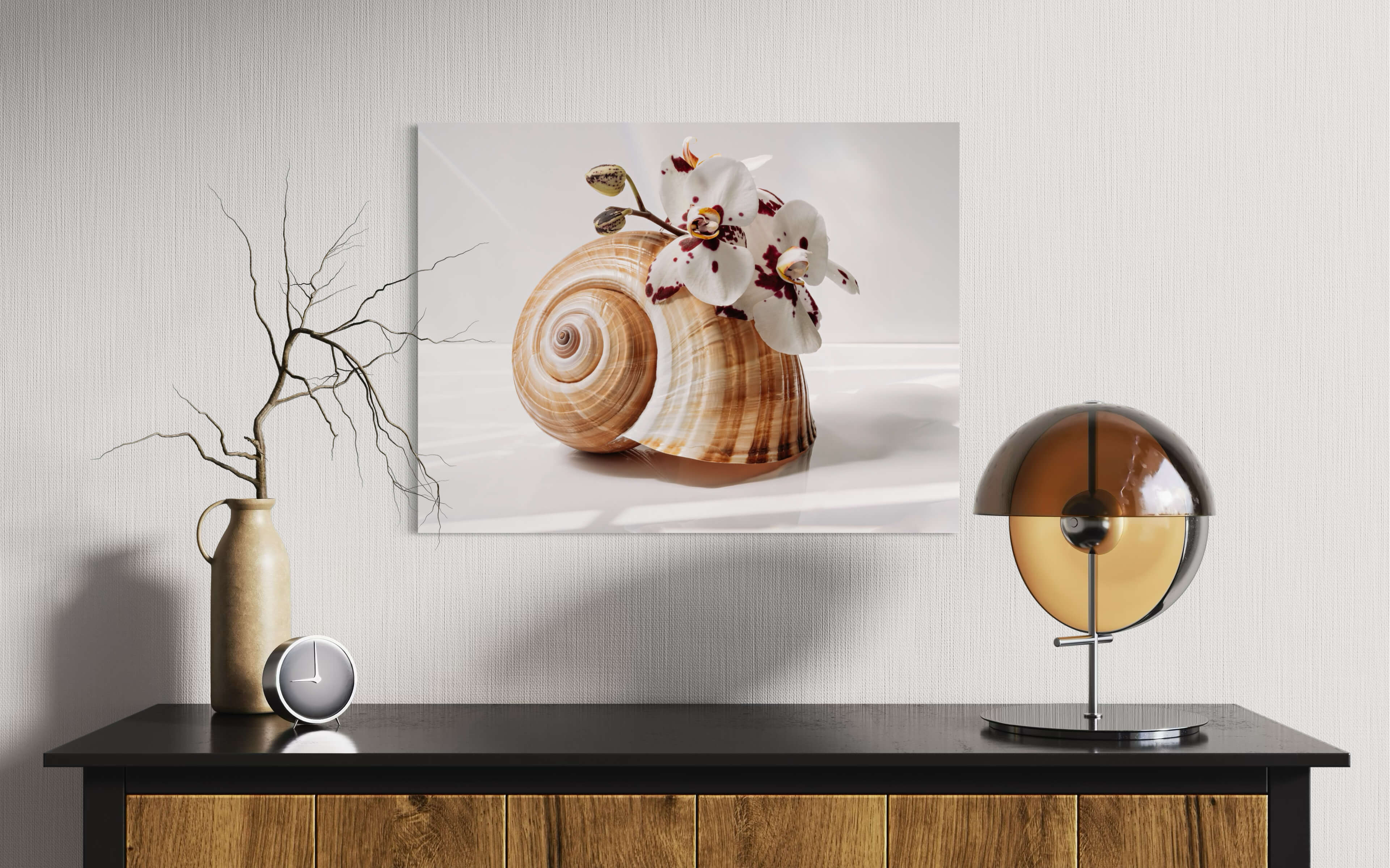 Eco-friendly coastal glass print: giant tun shell and white orchids-office wall decor