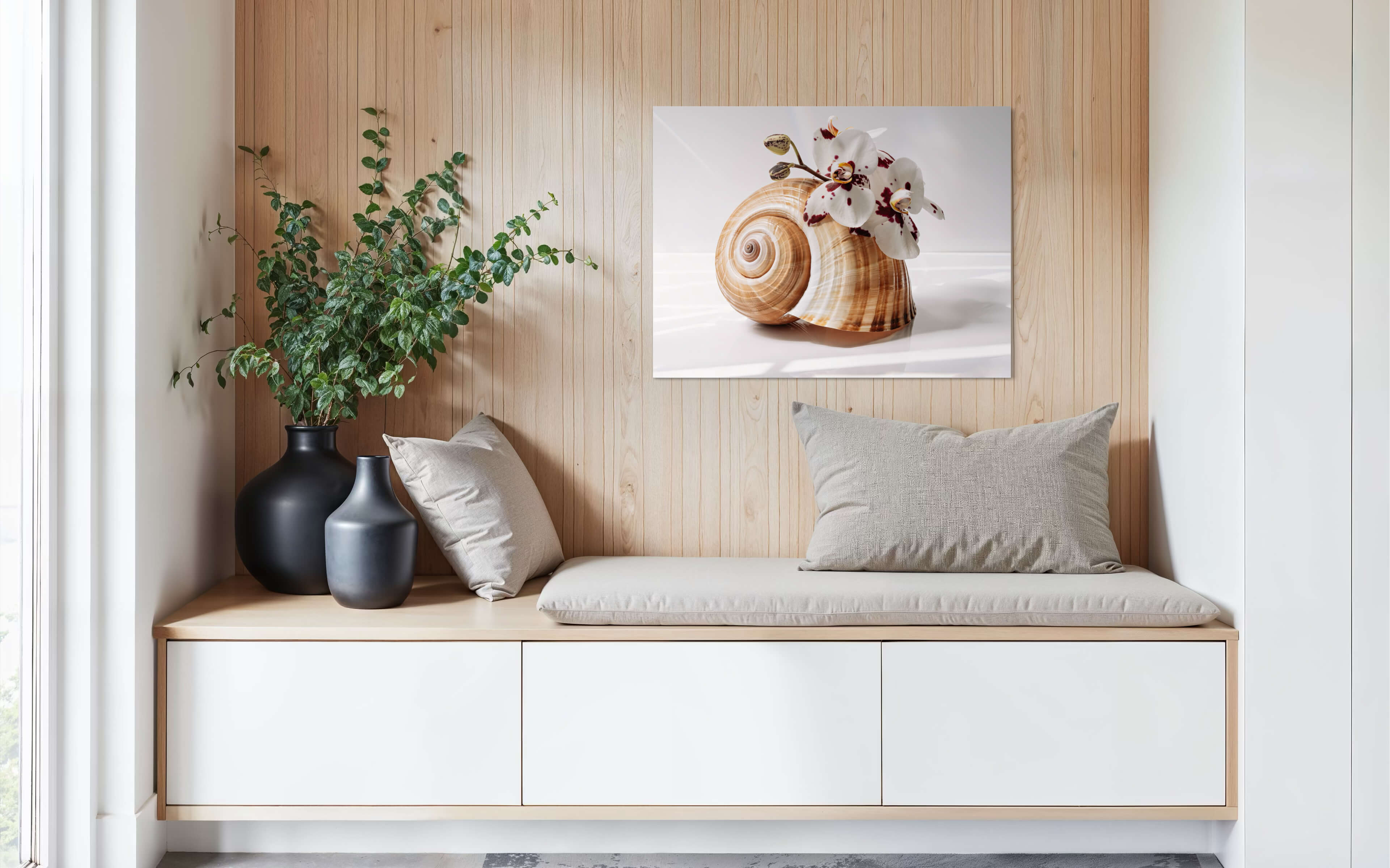Eco-friendly coastal glass print: giant tun shell and white orchids_sitting area decor