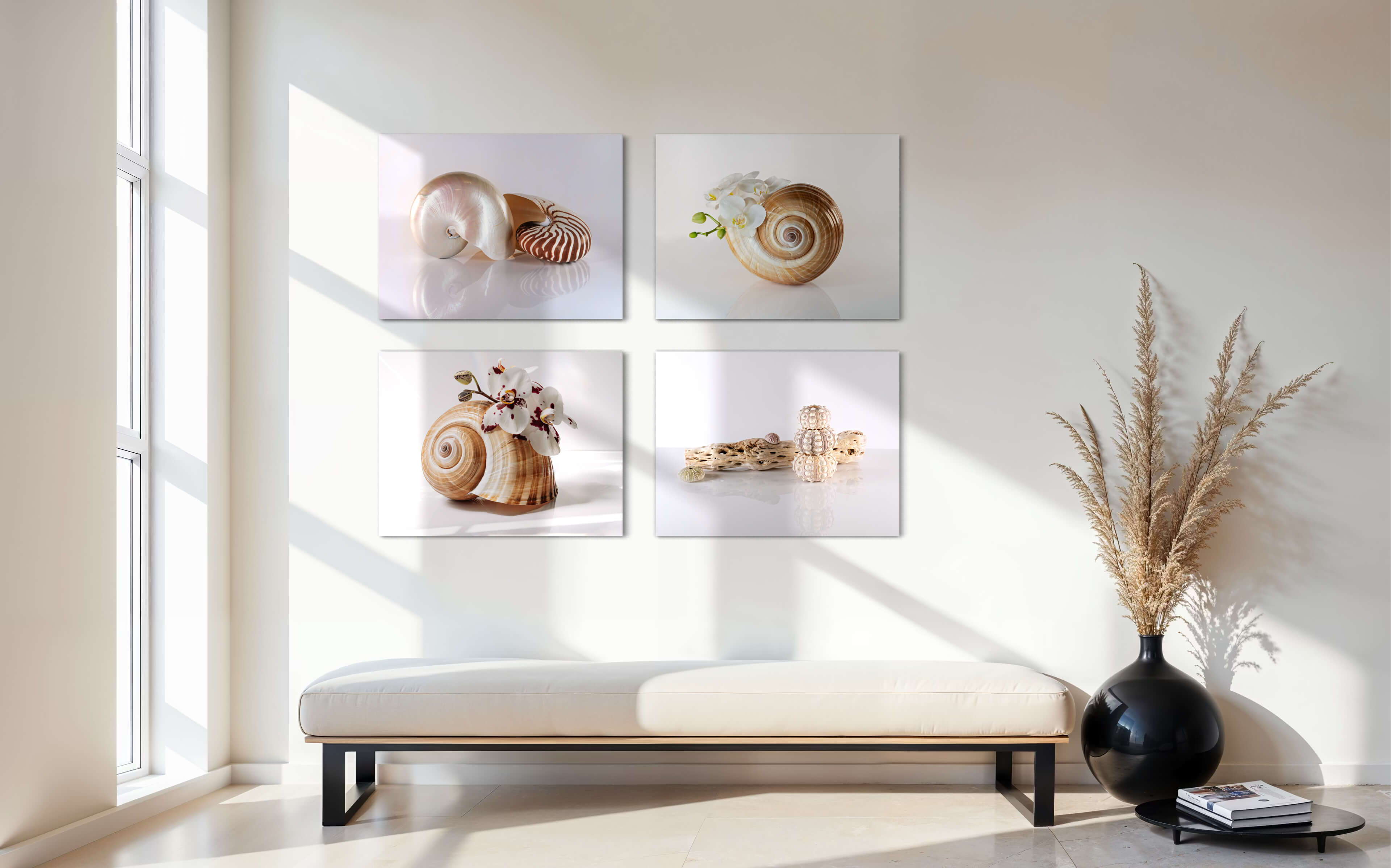 Eco-friendly coastal glass print: giant tun shell and white orchids-Echoes wall gallery