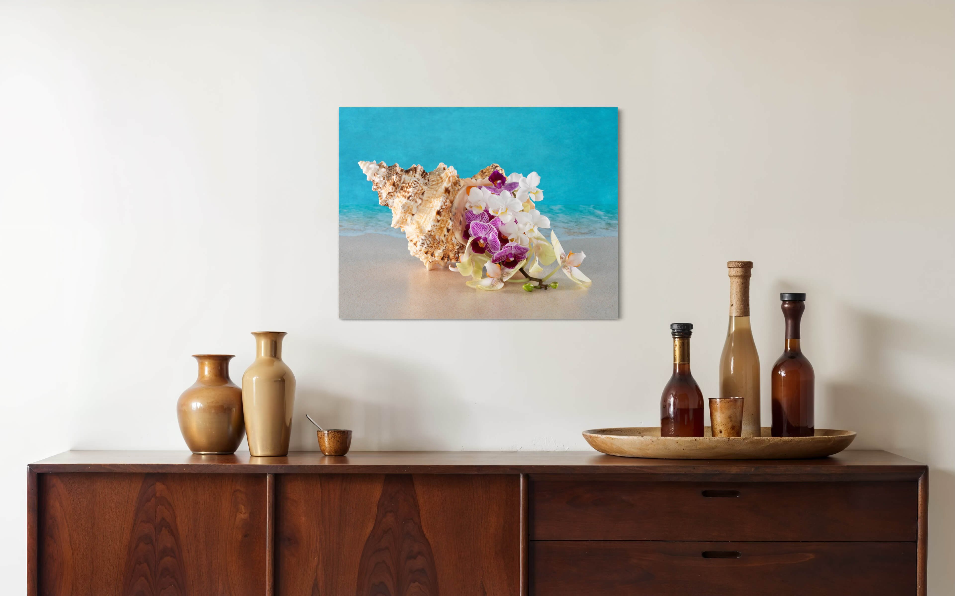 Eco-friendly coastal glass print with seashell and orchids_wall decor