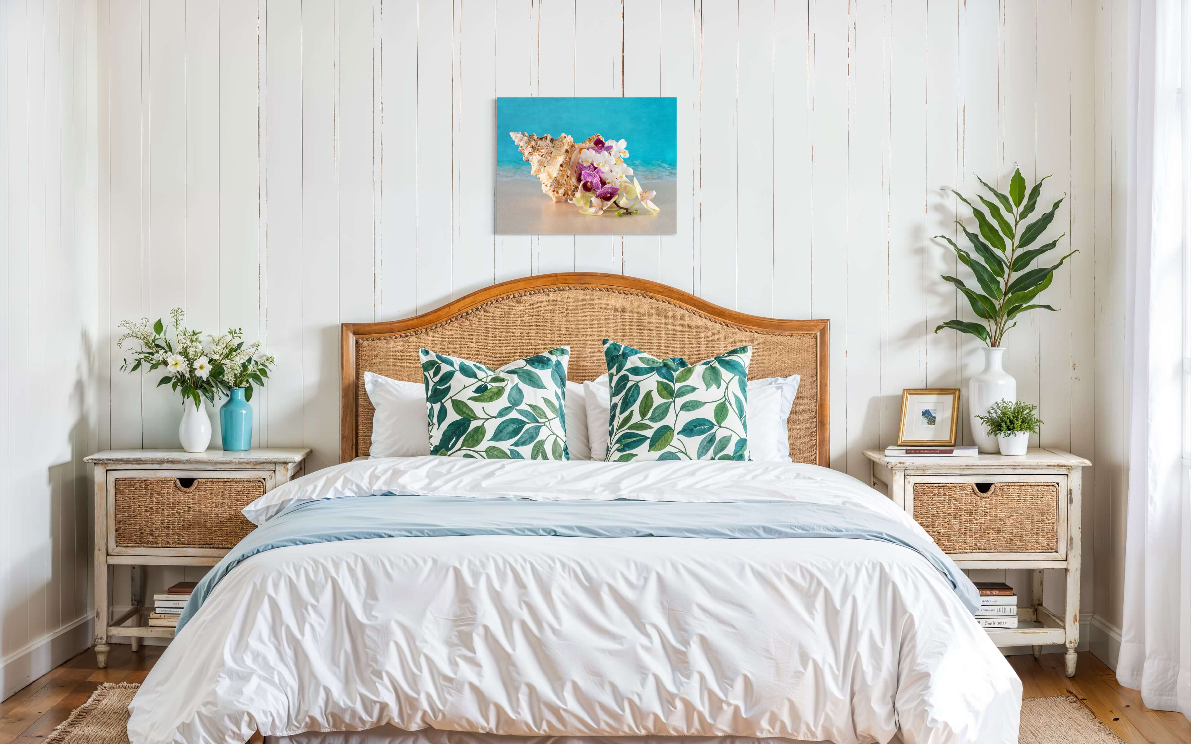 Eco-friendly coastal glass print with seashell and orchids - bedroom decor