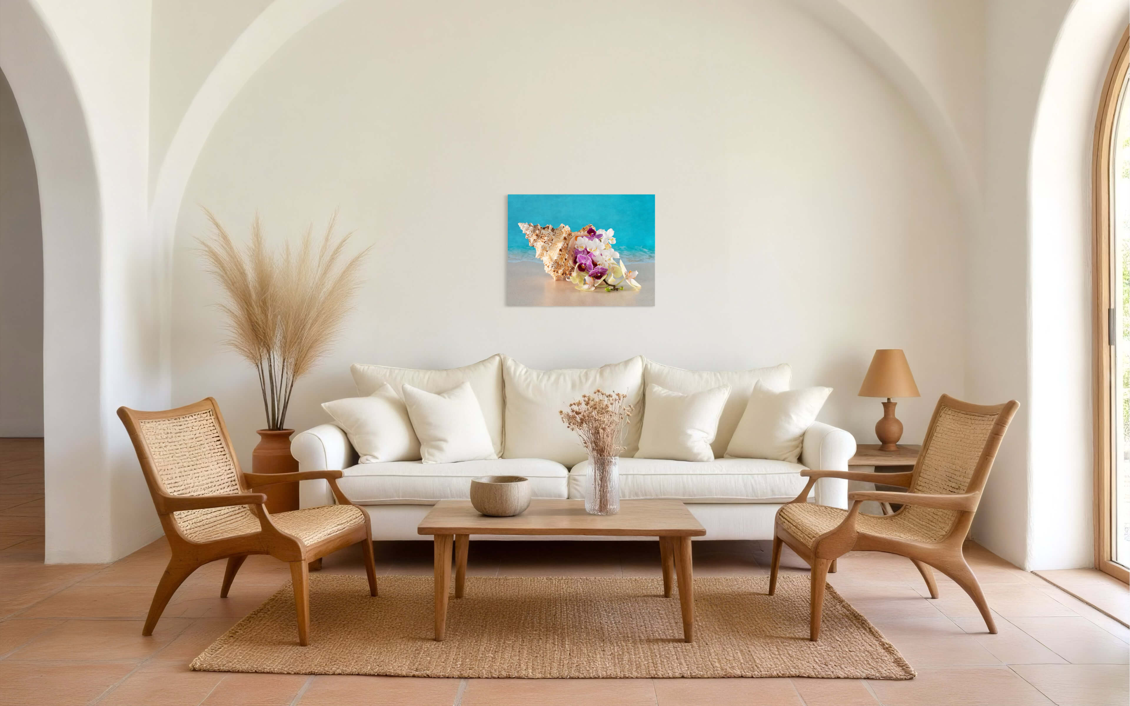 Eco-friendly coastal glass print with seashell and orchids -living room decor