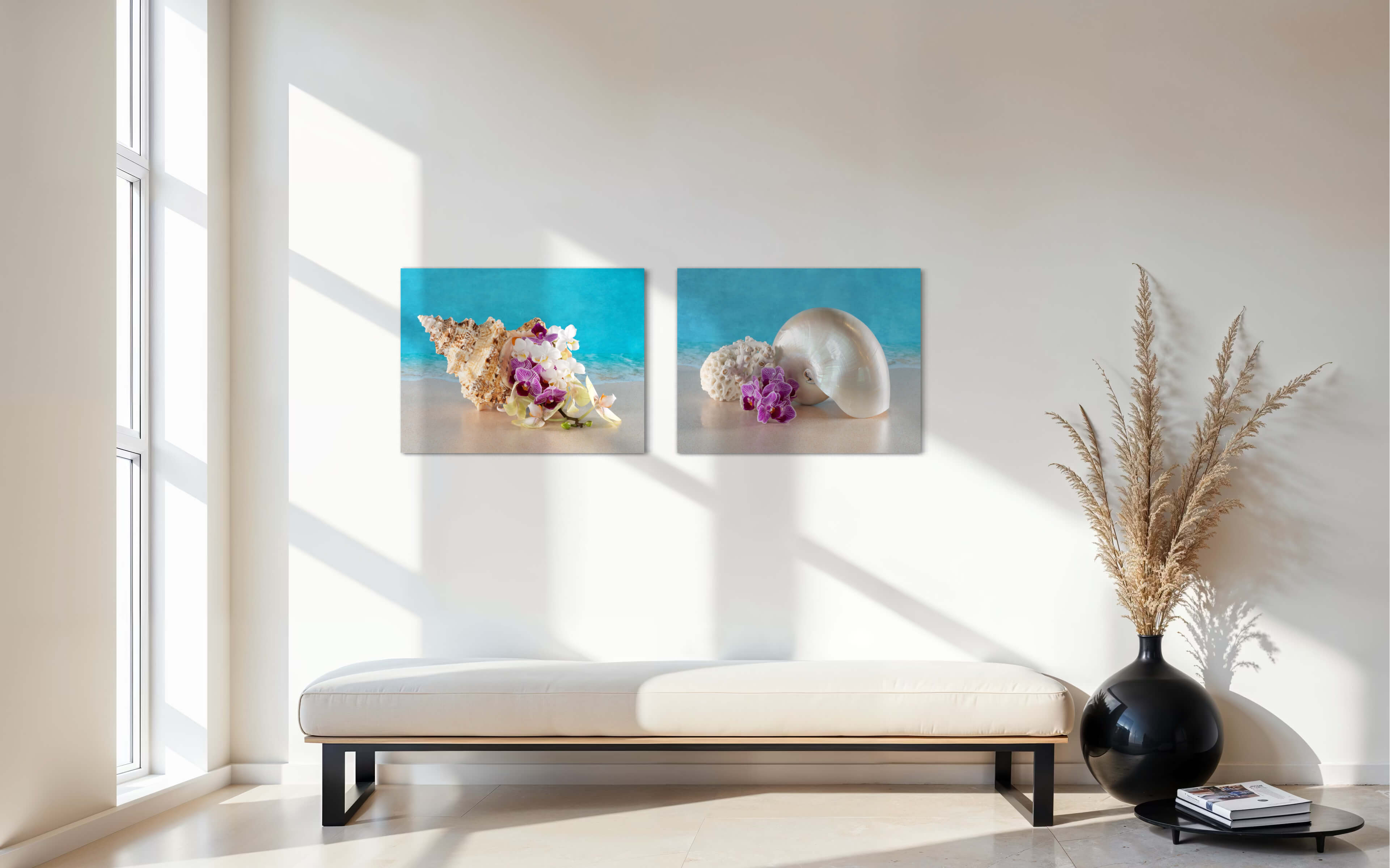Eco-friendly coastal glass print with seashell and orchids displayed with another Echoes of the Sea print