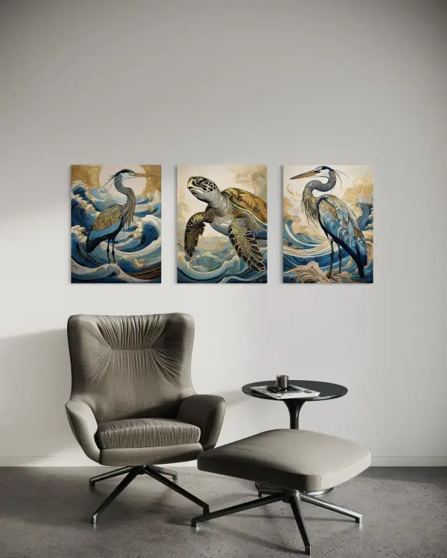 Glass print of great blue heron in hokusai waves with gold accents-wall galley with 2 other Echoes prints.