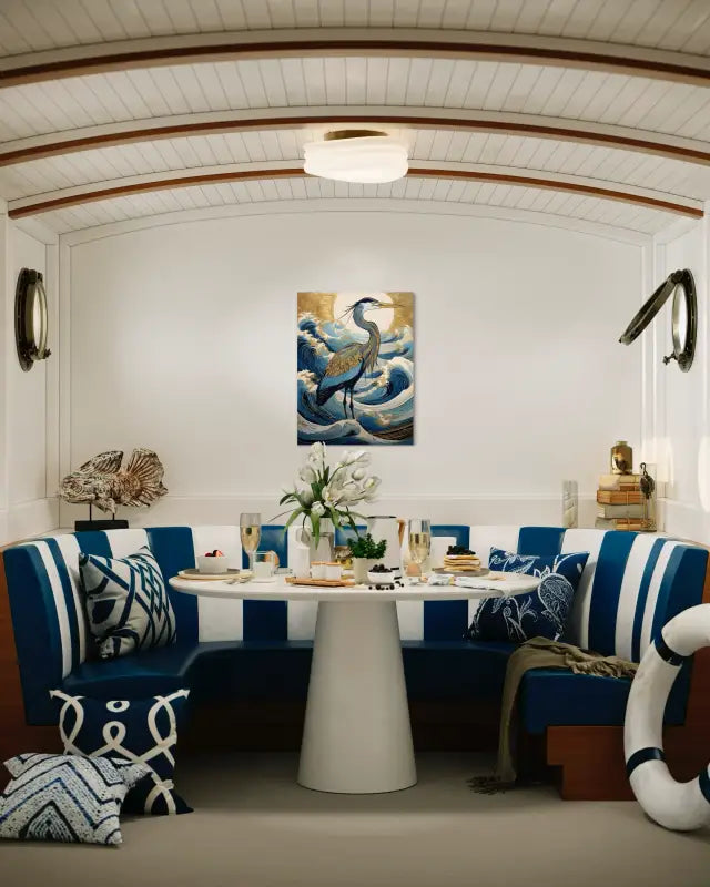 Glass print of great blue heron in hokusai waves with gold accents-boat galley decor.